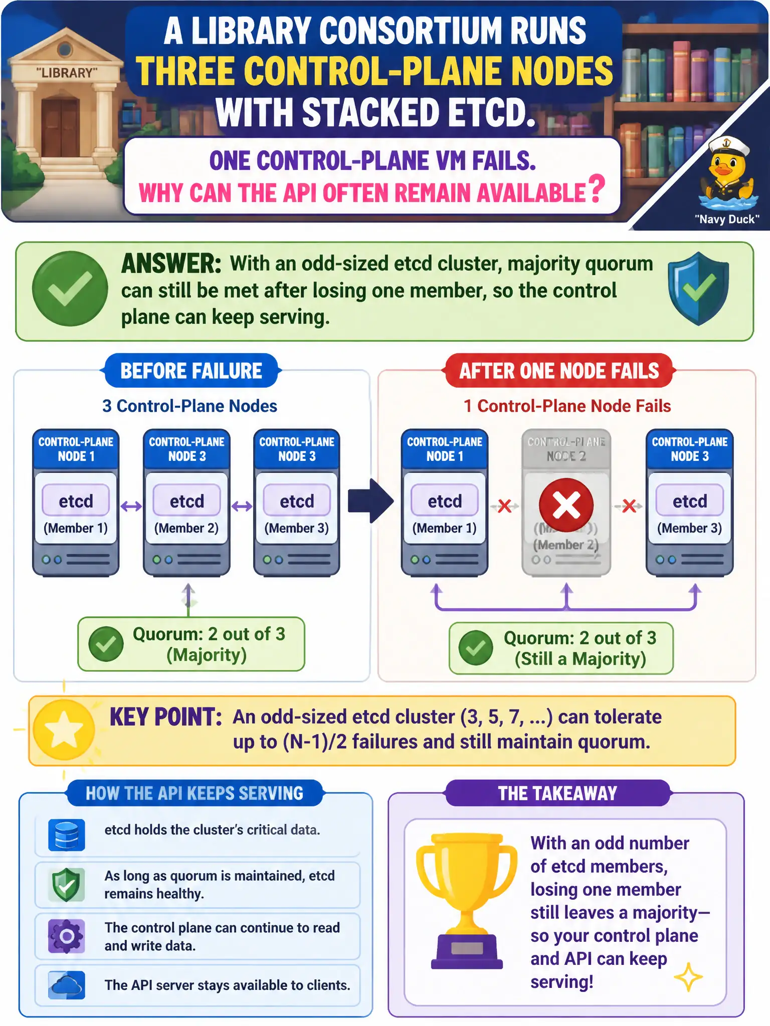 To Create an exciting colorful infographic that explains the concepts in the question: Question: A library consortium runs three control-plane nodes with stacked etcd. One control-plane VM fails. Why can the API often remain available? Correct Answer: With an odd-sized etcd cluster, majority quorum can still be met after losing one member, so the control plane can keep serving. Put EVERY visible label in double quotes. No people. No A/B/C/D letters. In one of the four corners put a little "Navy Duck".