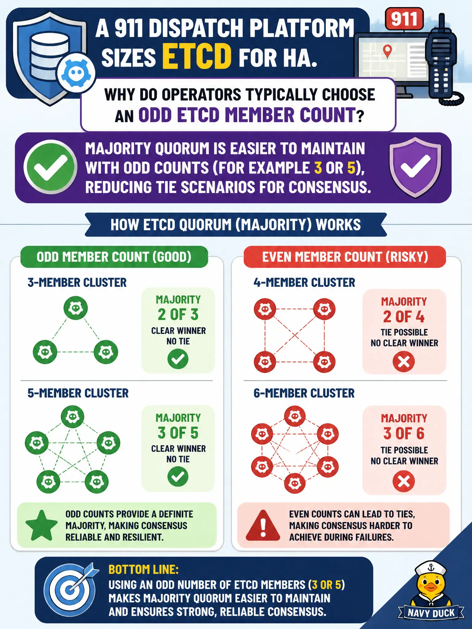 To Create an exciting colorful infographic that explains the concepts in the question: Question: A 911 dispatch platform sizes etcd for HA. Why do operators typically choose an odd etcd member count? Correct Answer: Majority quorum is easier to maintain with odd counts (for example 3 or 5), reducing tie scenarios for consensus. Put EVERY visible label in double quotes. No people. No A/B/C/D letters. In one of the four corners put a little "Navy Duck".