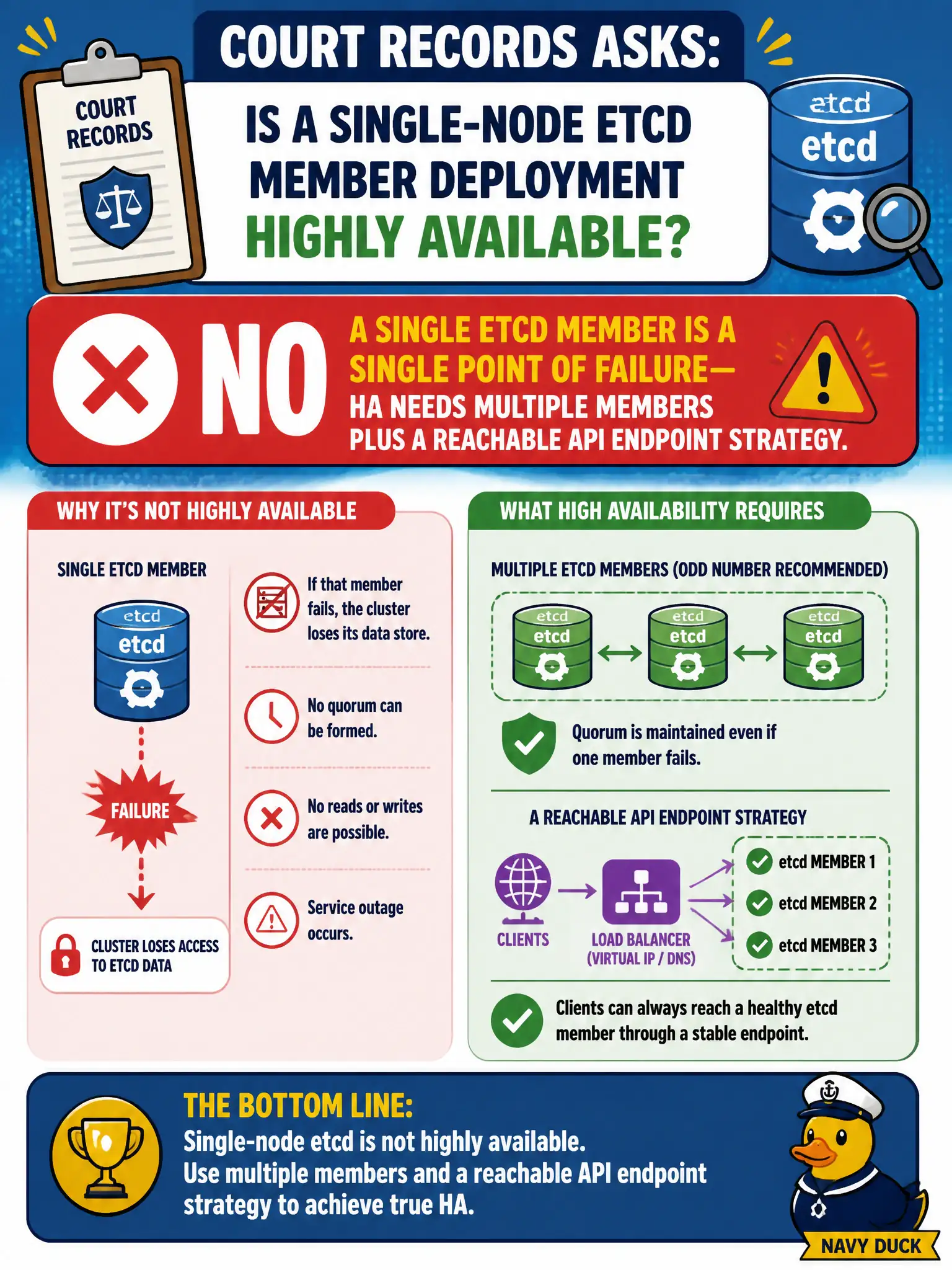 To Create an exciting colorful infographic that explains the concepts in the question: Question: Court records asks whether a single-node etcd member deployment is highly available. What is the correct assessment? Correct Answer: No; a single etcd member is a single point of failure—HA needs multiple members plus a reachable API endpoint strategy. Put EVERY visible label in double quotes. No people. No A/B/C/D letters. In one of the four corners put a little "Navy Duck".