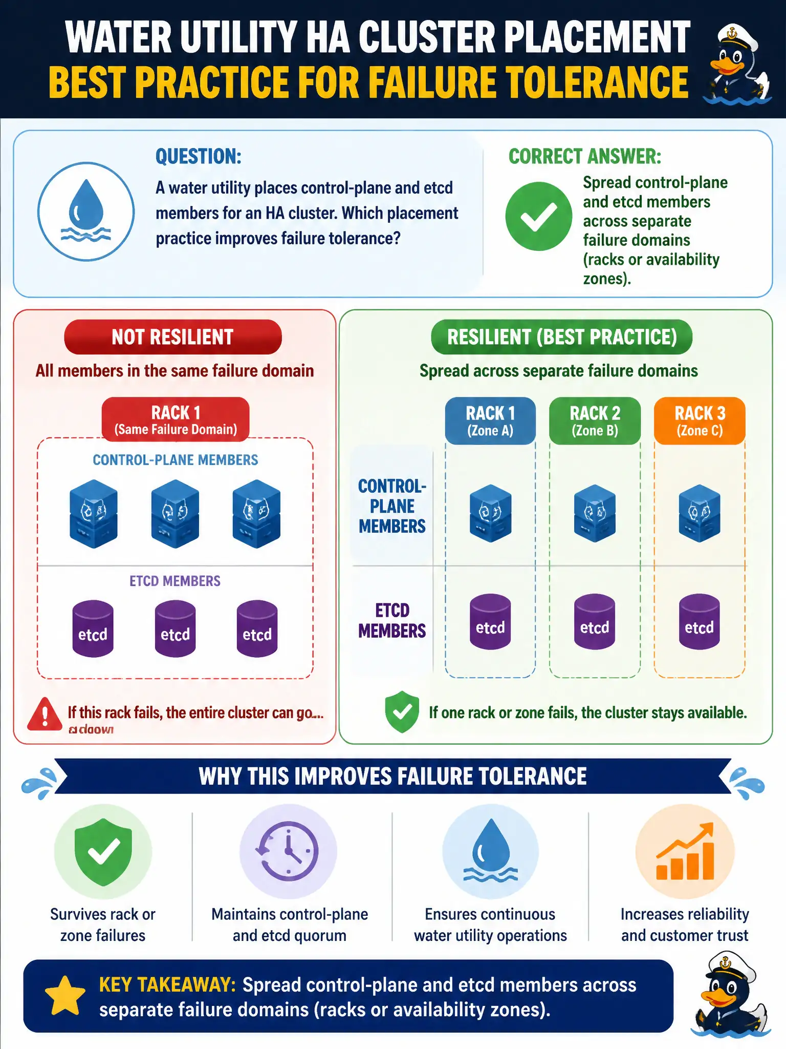 To Create an exciting colorful infographic that explains the concepts in the question: Question: A water utility places control-plane and etcd members for an HA cluster. Which placement practice improves failure tolerance? Correct Answer: Spread control-plane and etcd members across separate failure domains (racks or availability zones). Put EVERY visible label in double quotes. No people. No A/B/C/D letters. In one of the four corners put a little "Navy Duck".