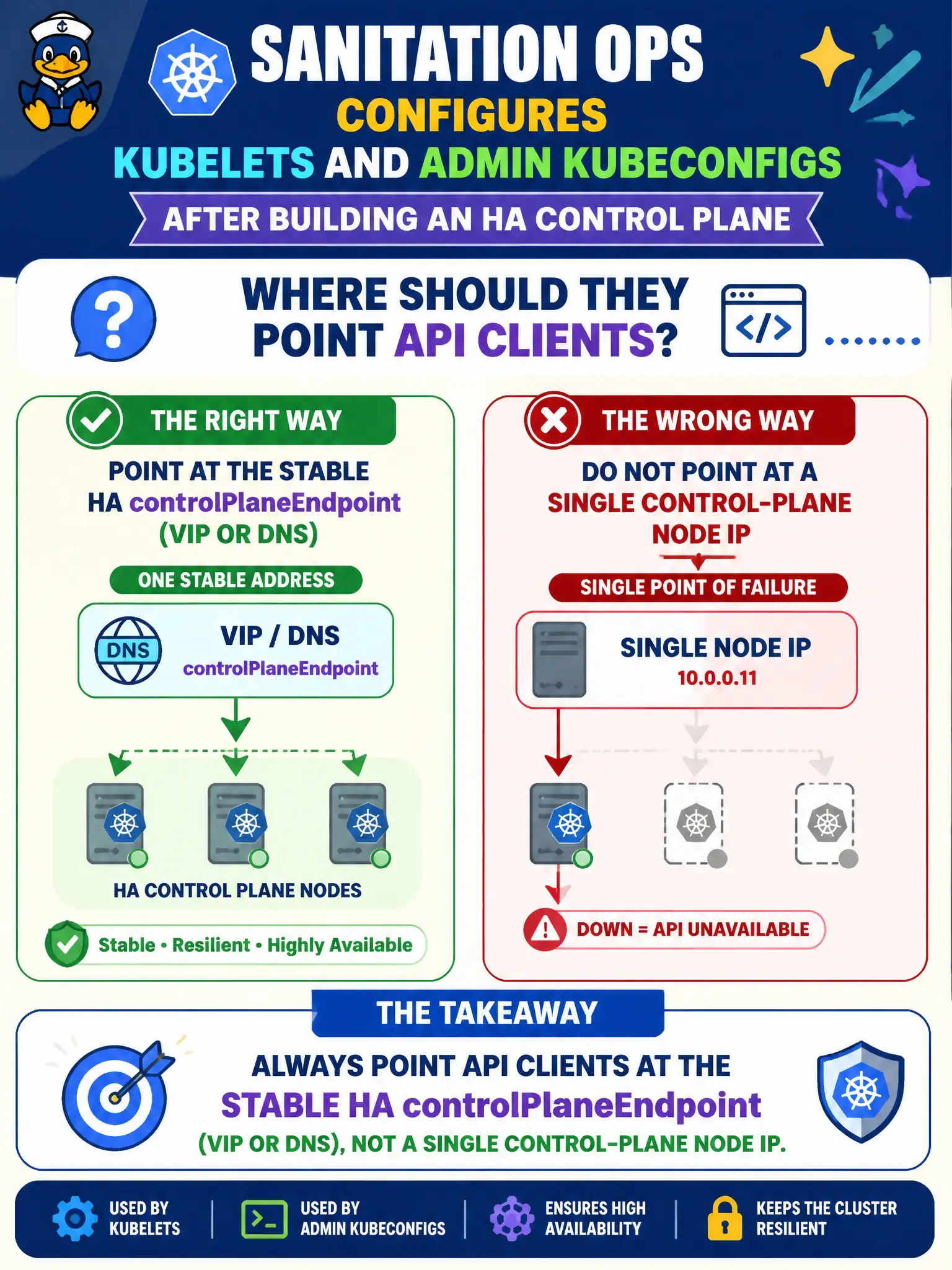 To Create an exciting colorful infographic that explains the concepts in the question: Question: Sanitation ops configures kubelets and admin kubeconfigs after building an HA control plane. Where should they point API clients? Correct Answer: At the stable HA controlPlaneEndpoint (VIP or DNS), not a single control-plane node IP. Put EVERY visible label in double quotes. No people. No A/B/C/D letters. In one of the four corners put a little "Navy Duck".