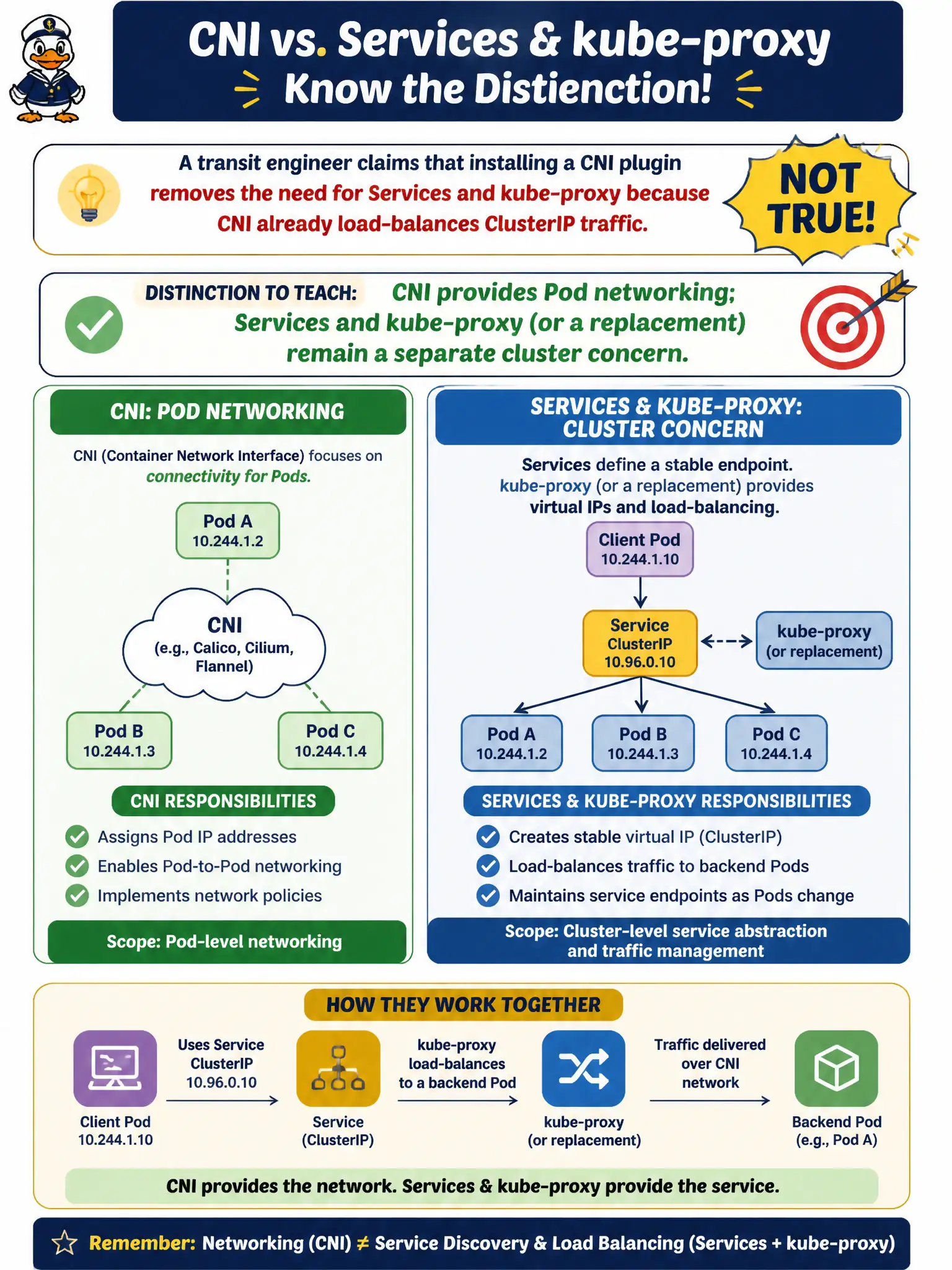 To Create an exciting colorful infographic that explains the concepts in the question: Question: A transit engineer claims that installing a CNI plugin removes the need for Services and kube-proxy because CNI already load-balances ClusterIP traffic. What distinction should platform leads teach? Correct Answer: CNI provides Pod networking; Services and kube-proxy (or a replacement) remain a separate cluster concern Put EVERY visible label in double quotes. No people. No A/B/C/D letters. In one of the four corners put a little "Navy Duck".