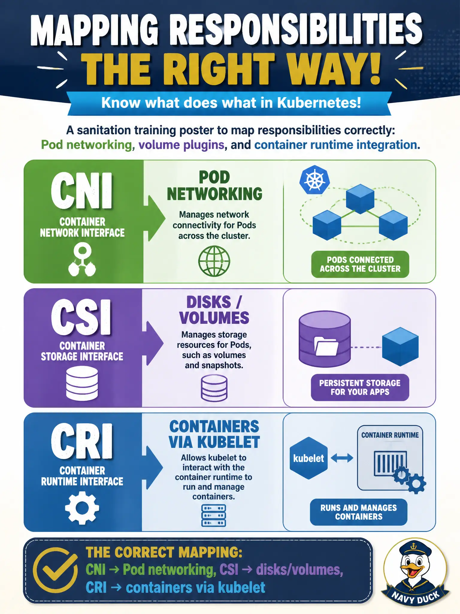 To Create an exciting colorful infographic that explains the concepts in the question: Question: A sanitation training poster must map responsibilities correctly: Pod networking, volume plugins, and container runtime integration. Which mapping is accurate? Correct Answer: CNI → Pod networking, CSI → disks/volumes, CRI → containers via kubelet Put EVERY visible label in double quotes. No people. No A/B/C/D letters. In one of the four corners put a little "Navy Duck".