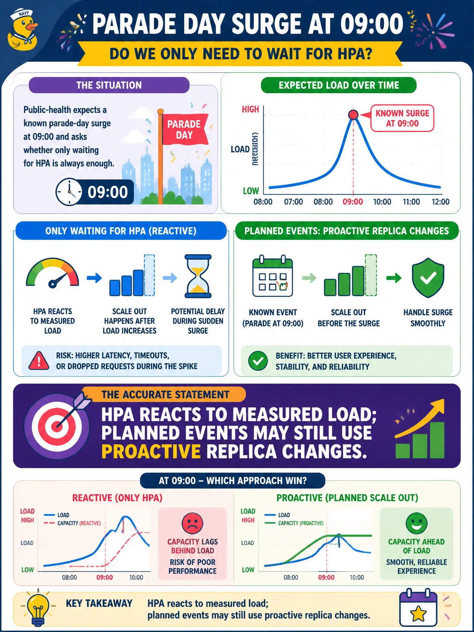 To Create an exciting colorful infographic that explains the concepts in the question: Question: Public-health expects a known parade-day surge at 09:00 and asks whether only waiting for HPA is always enough. Which statement is accurate? Correct Answer: HPA reacts to measured load; planned events may still use proactive replica changes. Put EVERY visible label in double quotes. No people. No A/B/C/D letters. In one of the four corners put a little "Navy Duck".