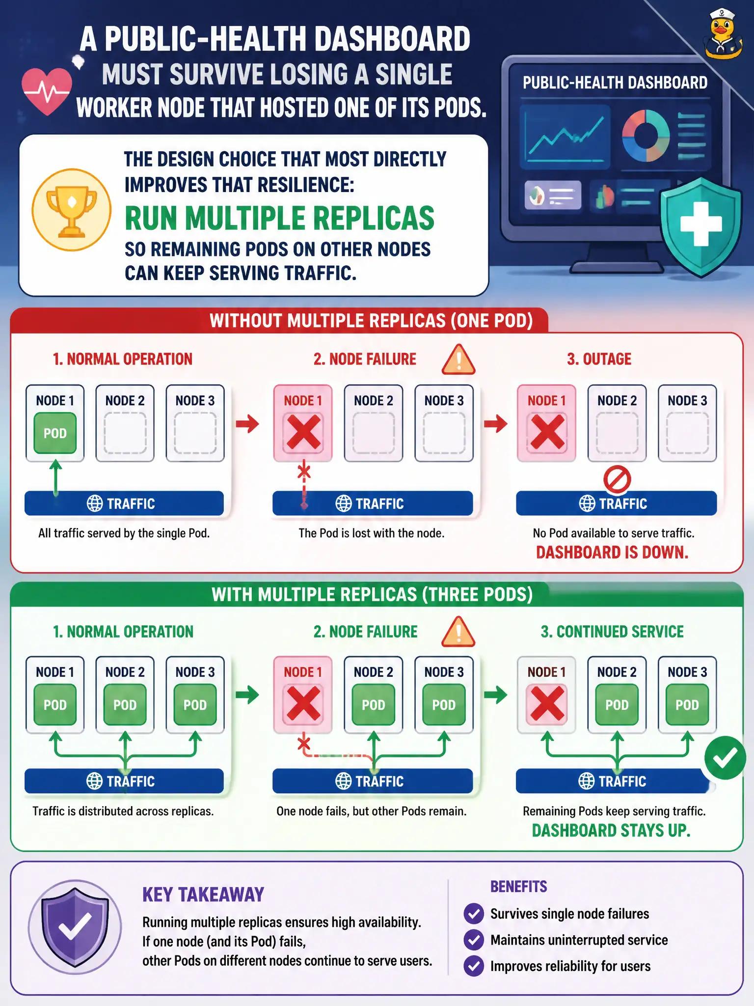 To Create an exciting colorful infographic that explains the concepts in the question: Question: A public-health dashboard must survive losing a single worker node that hosted one of its Pods. Which design choice most directly improves that resilience? Correct Answer: Run multiple replicas so remaining Pods on other nodes can keep serving traffic. Put EVERY visible label in double quotes. No people. No A/B/C/D letters. In one of the four corners put a little "Navy Duck".