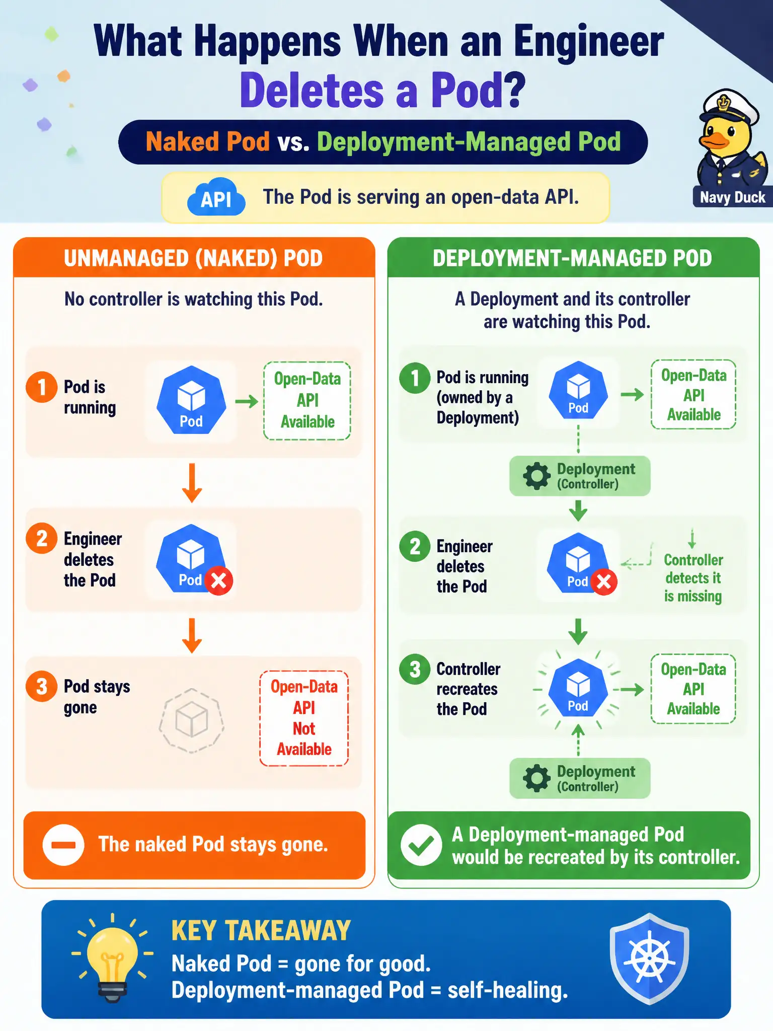 To Create an exciting colorful infographic that explains the concepts in the question: Question: An engineer deletes an unmanaged (naked) Pod that served an open-data API. What happens compared with deleting a Pod owned by a Deployment? Correct Answer: The naked Pod stays gone; a Deployment-managed Pod would be recreated by its controller. Put EVERY visible label in double quotes. No people. No A/B/C/D letters. In one of the four corners put a little "Navy Duck".