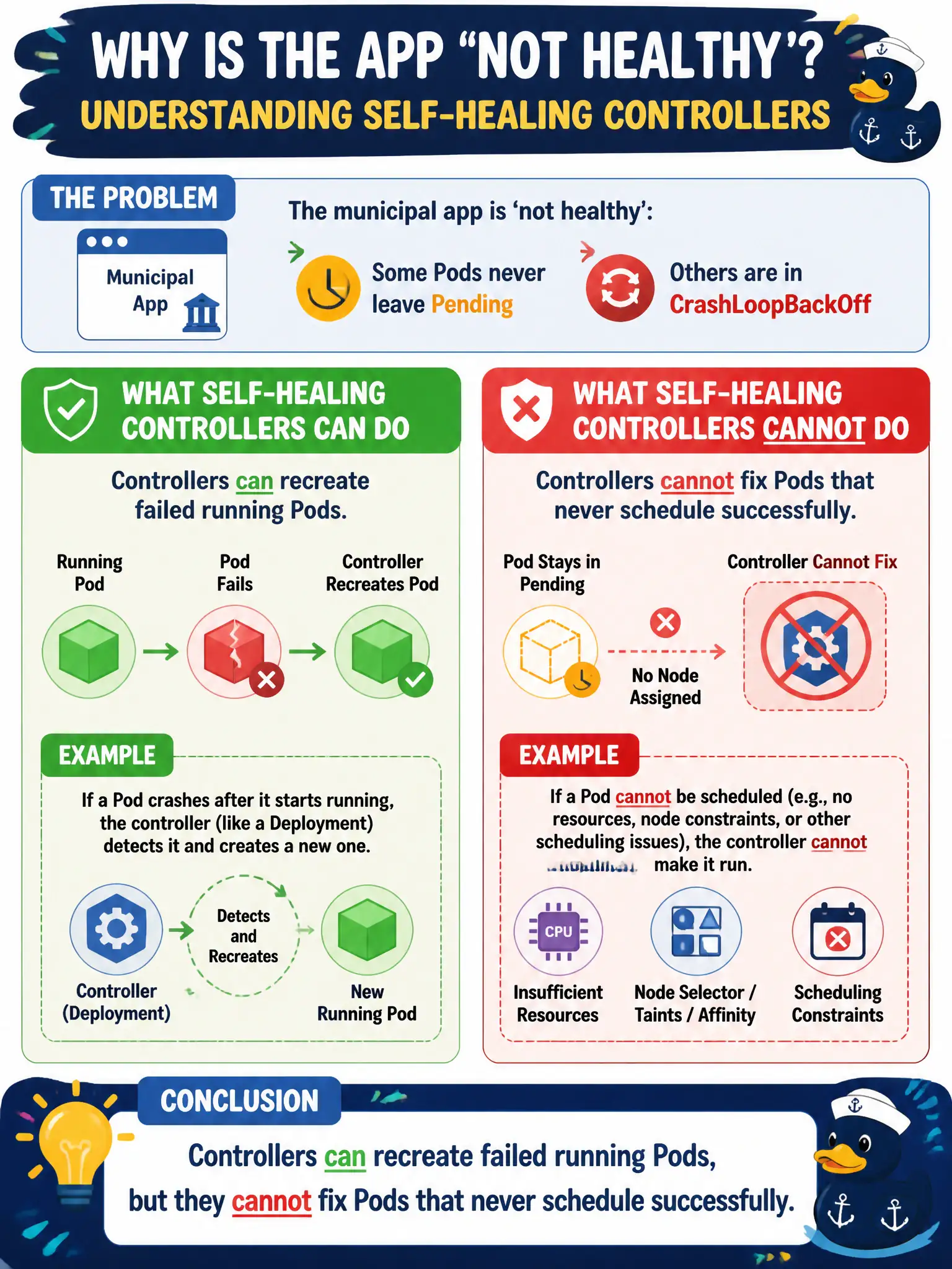 To Create an exciting colorful infographic that explains the concepts in the question: Question: A municipal app is 'not healthy': some Pods never leave Pending while others CrashLoopBackOff. What should the admin conclude about self-healing controllers? Correct Answer: Controllers can recreate failed running Pods, but they cannot fix Pods that never schedule successfully. Put EVERY visible label in double quotes. No people. No A/B/C/D letters. In one of the four corners put a little "Navy Duck".