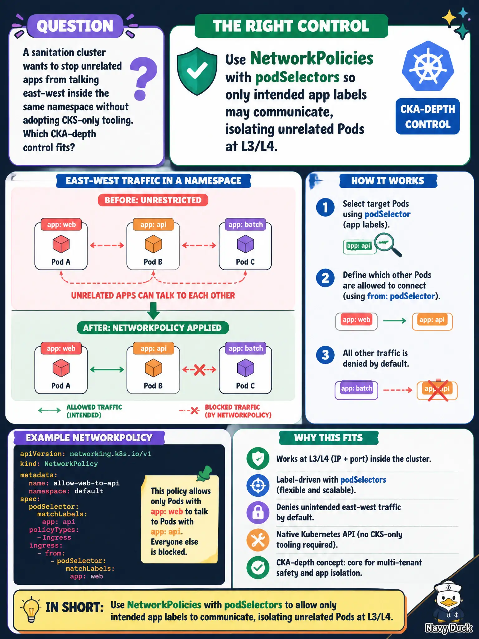 To Create an exciting colorful infographic that explains the concepts in the question: Question: A sanitation cluster wants to stop unrelated apps from talking east-west inside the same namespace without adopting CKS-only tooling. Which CKA-depth control fits? Correct Answer: Use NetworkPolicies with podSelectors so only intended app labels may communicate, isolating unrelated Pods at L3/L4. Put EVERY visible label in double quotes. No people. No A/B/C/D letters. In one of the four corners put a little "Navy Duck".