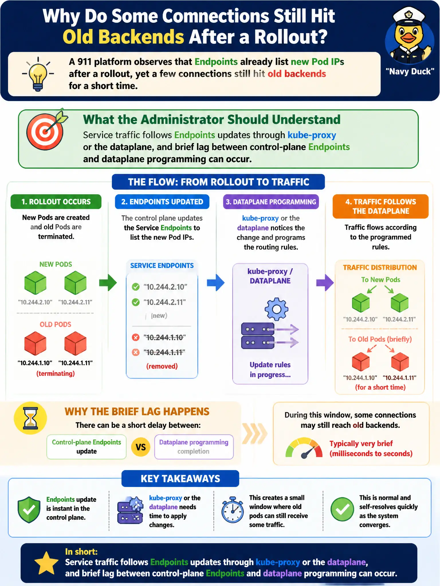 To Create an exciting colorful infographic that explains the concepts in the question: Question: A 911 platform observes that Endpoints already list new Pod IPs after a rollout, yet a few connections still hit old backends for a short time. What should the administrator understand? Correct Answer: Service traffic follows Endpoints updates through kube-proxy or the dataplane, and brief lag between control-plane Endpoints and dataplane programming can occur. Put EVERY visible label in double quotes. No people. No A/B/C/D letters. In one of the four corners put a little "Navy Duck".