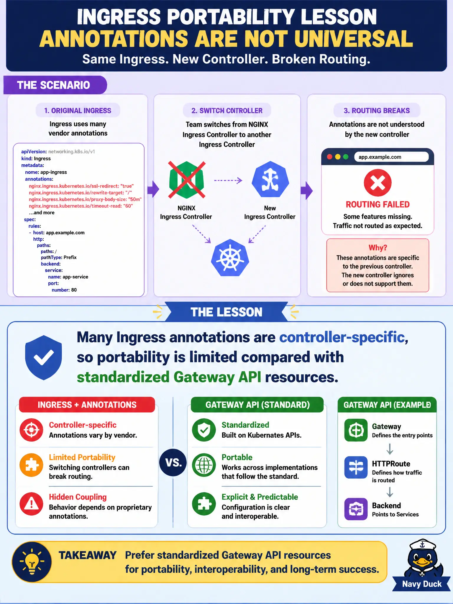 To Create an exciting colorful infographic that explains the concepts in the question: Question: Open-data platform engineers copy an Ingress that relies on many vendor annotations when switching controllers and routing breaks. What lesson should they take? Correct Answer: Many Ingress annotations are controller-specific, so portability is limited compared with standardized Gateway API resources Put EVERY visible label in double quotes. No people. No A/B/C/D letters. In one of the four corners put a little "Navy Duck".