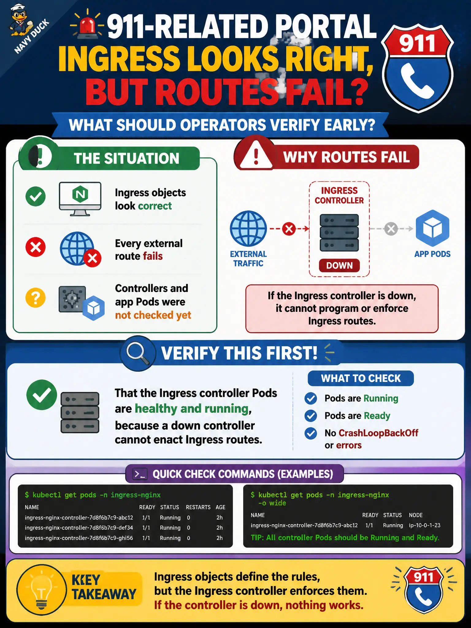 To Create an exciting colorful infographic that explains the concepts in the question: Question: A 911-related portal’s Ingress objects look correct, yet every external route fails. Controllers and app Pods were not checked yet. What should operators verify early? Correct Answer: That the Ingress controller Pods are healthy and running, because a down controller cannot enact Ingress routes Put EVERY visible label in double quotes. No people. No A/B/C/D letters. In one of the four corners put a little "Navy Duck".