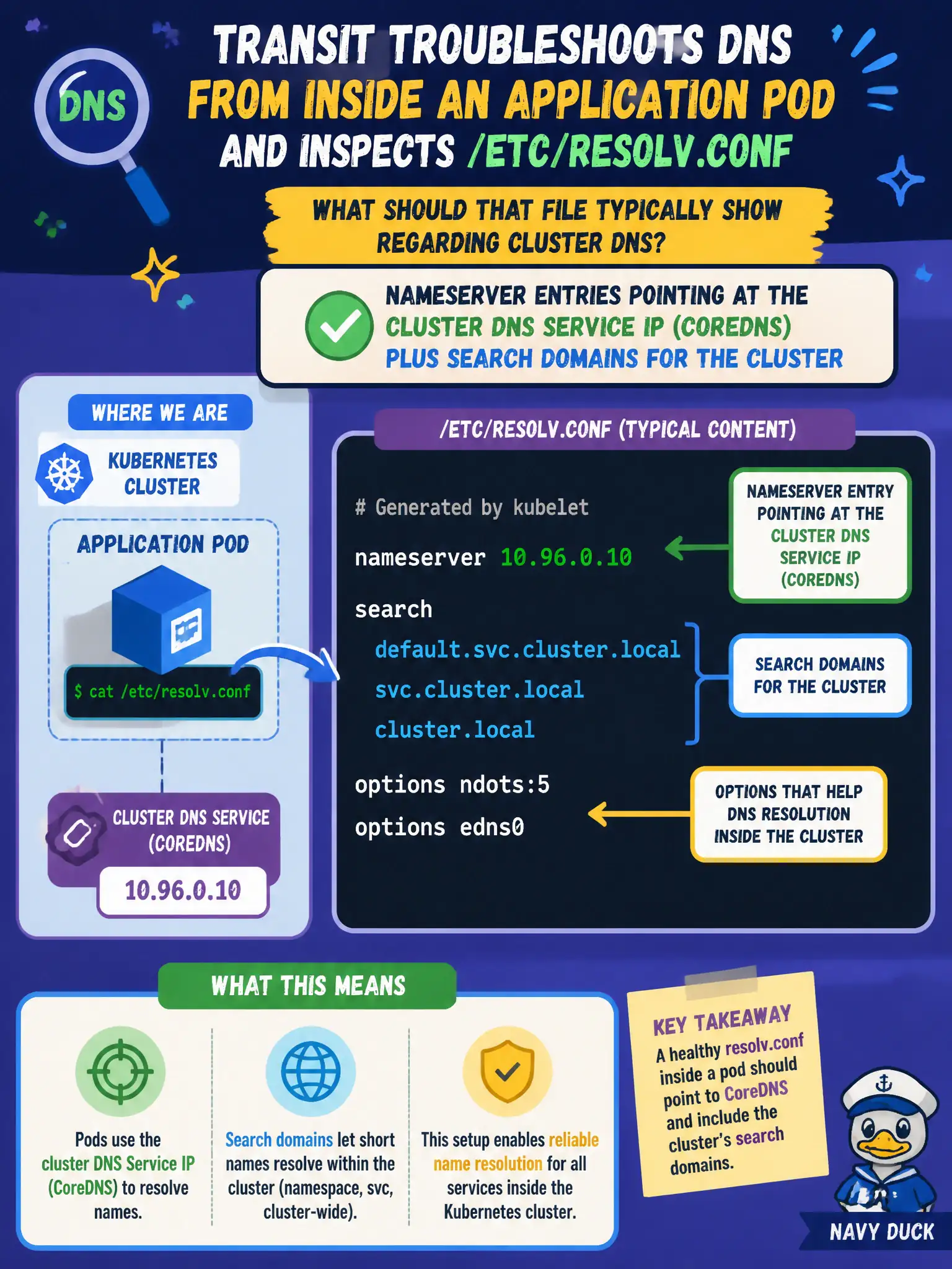 To Create an exciting colorful infographic that explains the concepts in the question: Question: Transit troubleshoots DNS from inside an application Pod and inspects /etc/resolv.conf. What should that file typically show regarding cluster DNS? Correct Answer: Nameserver entries pointing at the cluster DNS Service IP (CoreDNS) plus search domains for the cluster Put EVERY visible label in double quotes. No people. No A/B/C/D letters. In one of the four corners put a little "Navy Duck".