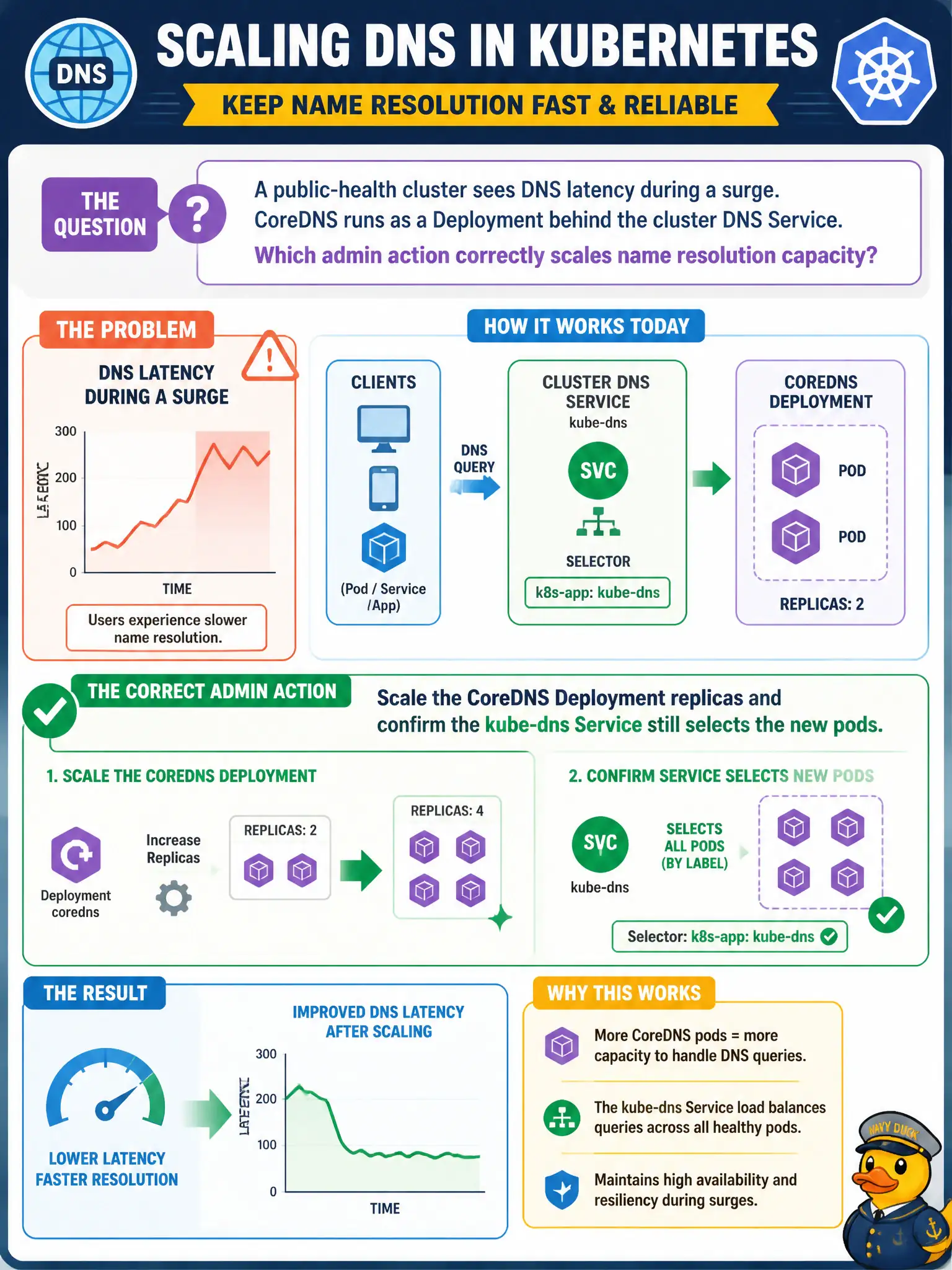 To Create an exciting colorful infographic that explains the concepts in the question: Question: A public-health cluster sees DNS latency during a surge. CoreDNS runs as a Deployment behind the cluster DNS Service. Which admin action correctly scales name resolution capacity? Correct Answer: Scale the CoreDNS Deployment replicas and confirm the kube-dns Service still selects the new pods Put EVERY visible label in double quotes. No people. No A/B/C/D letters. In one of the four corners put a little "Navy Duck".