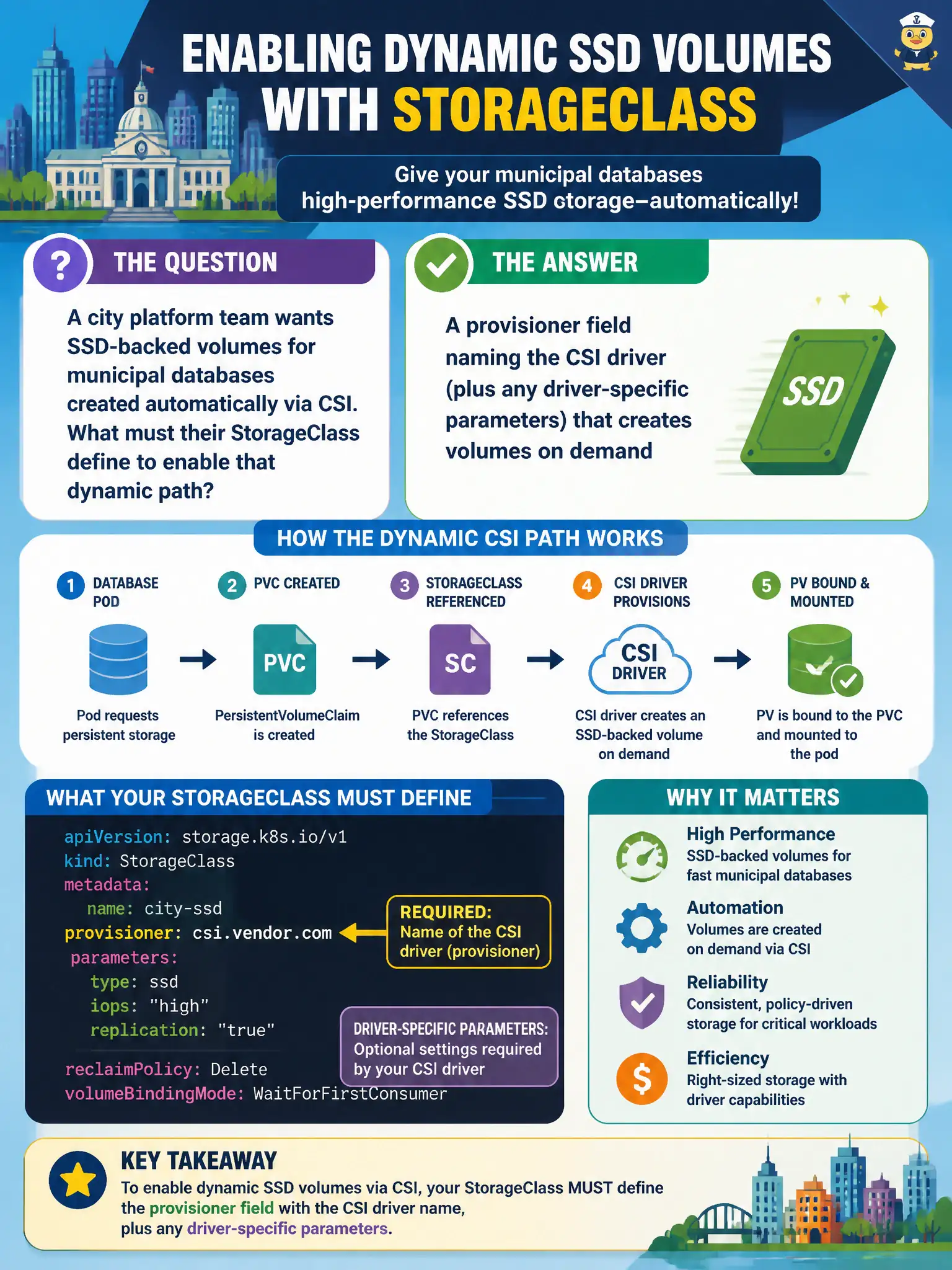 To Create an exciting colorful infographic that explains the concepts in the question: Question: A city platform team wants SSD-backed volumes for municipal databases created automatically via CSI. What must their StorageClass define to enable that dynamic path? Correct Answer: A provisioner field naming the CSI driver (plus any driver-specific parameters) that creates volumes on demand Put EVERY visible label in double quotes. No people. No A/B/C/D letters. In one of the four corners put a little "Navy Duck".