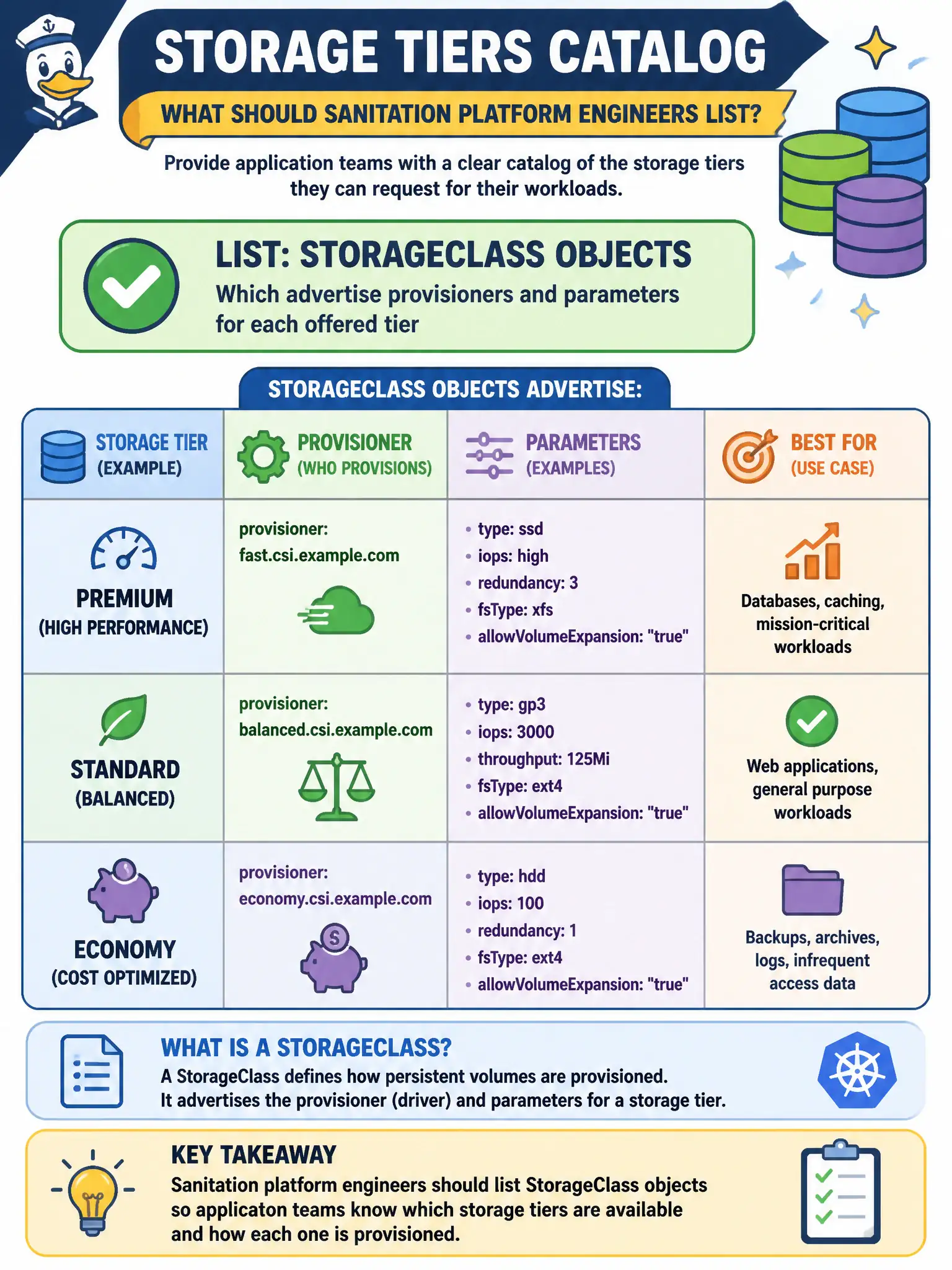 To Create an exciting colorful infographic that explains the concepts in the question: Question: Sanitation platform engineers want a catalog of storage tiers available to application teams. Which objects should they list? Correct Answer: StorageClass objects, which advertise provisioners and parameters for each offered tier Put EVERY visible label in double quotes. No people. No A/B/C/D letters. In one of the four corners put a little "Navy Duck".