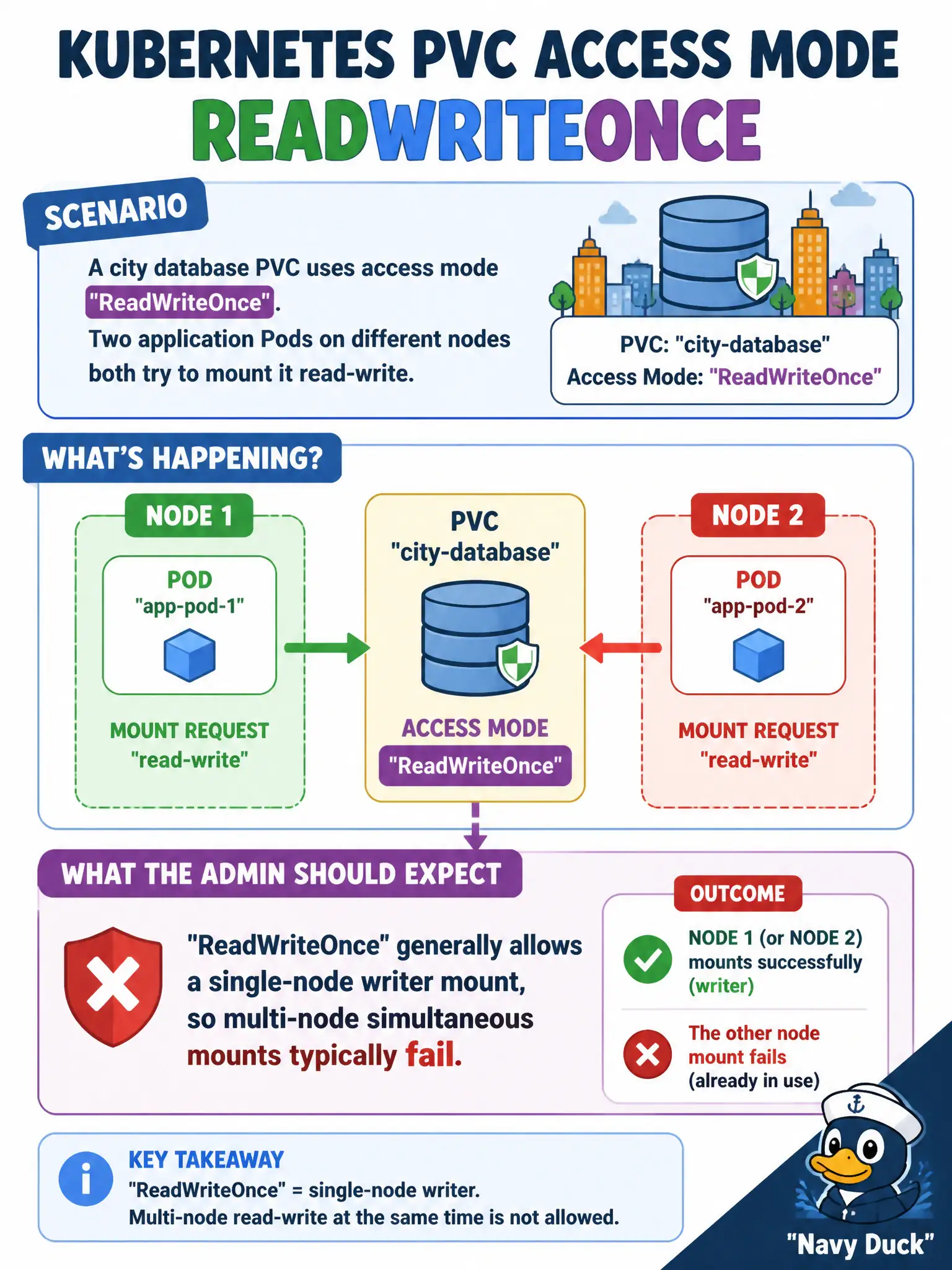 To Create an exciting colorful infographic that explains the concepts in the question: Question: A city database PVC uses access mode ReadWriteOnce. Two application Pods on different nodes both try to mount it read-write. What should the admin expect? Correct Answer: ReadWriteOnce generally allows a single-node writer mount, so multi-node simultaneous mounts typically fail Put EVERY visible label in double quotes. No people. No A/B/C/D letters. In one of the four corners put a little "Navy Duck".