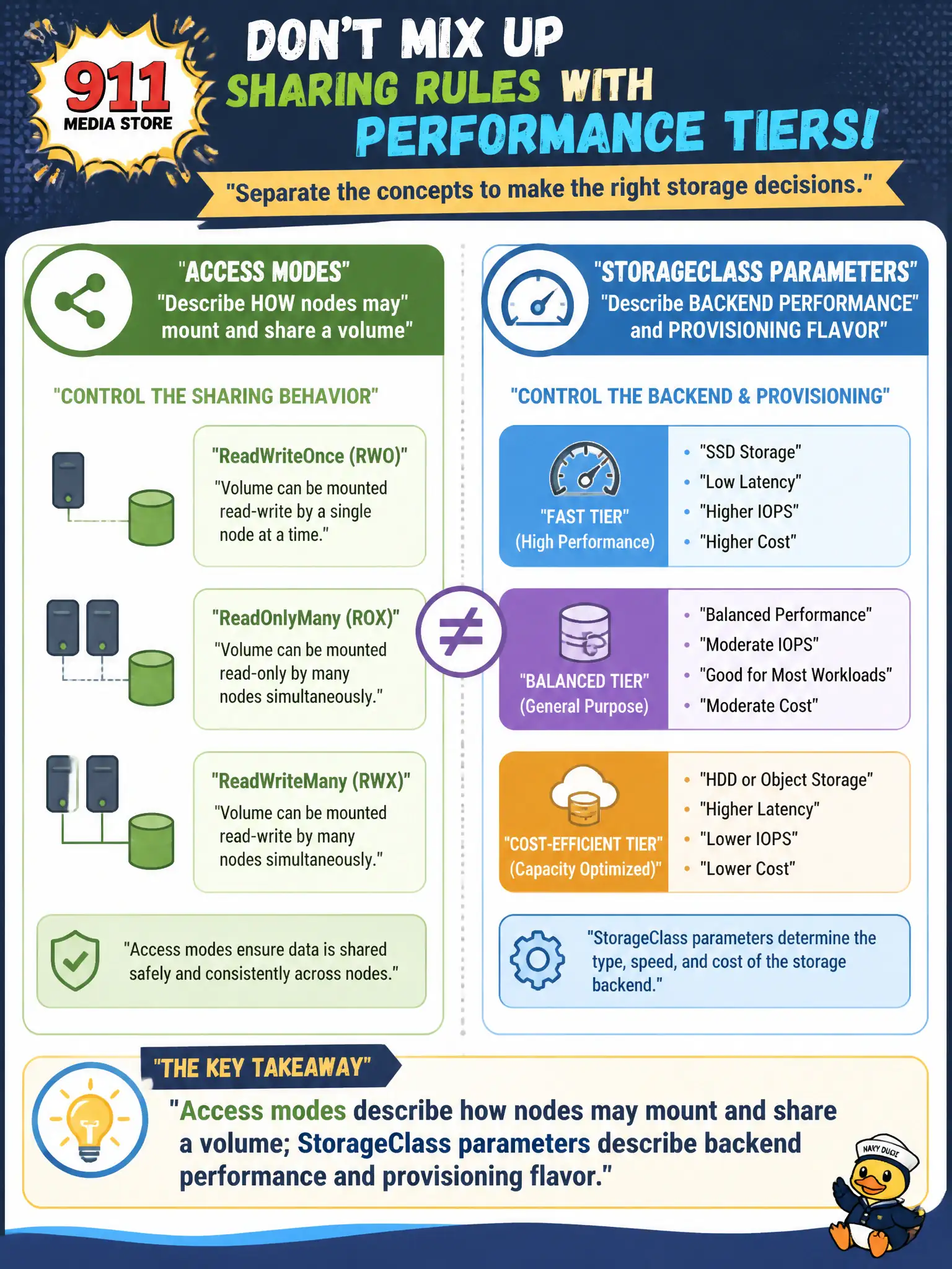 To Create an exciting colorful infographic that explains the concepts in the question: Question: A 911 media store confuses volume sharing rules with disk performance tiers. How should the admin separate those concepts? Correct Answer: Access modes describe how nodes may mount and share a volume; StorageClass parameters describe backend performance and provisioning flavor Put EVERY visible label in double quotes. No people. No A/B/C/D letters. In one of the four corners put a little "Navy Duck".