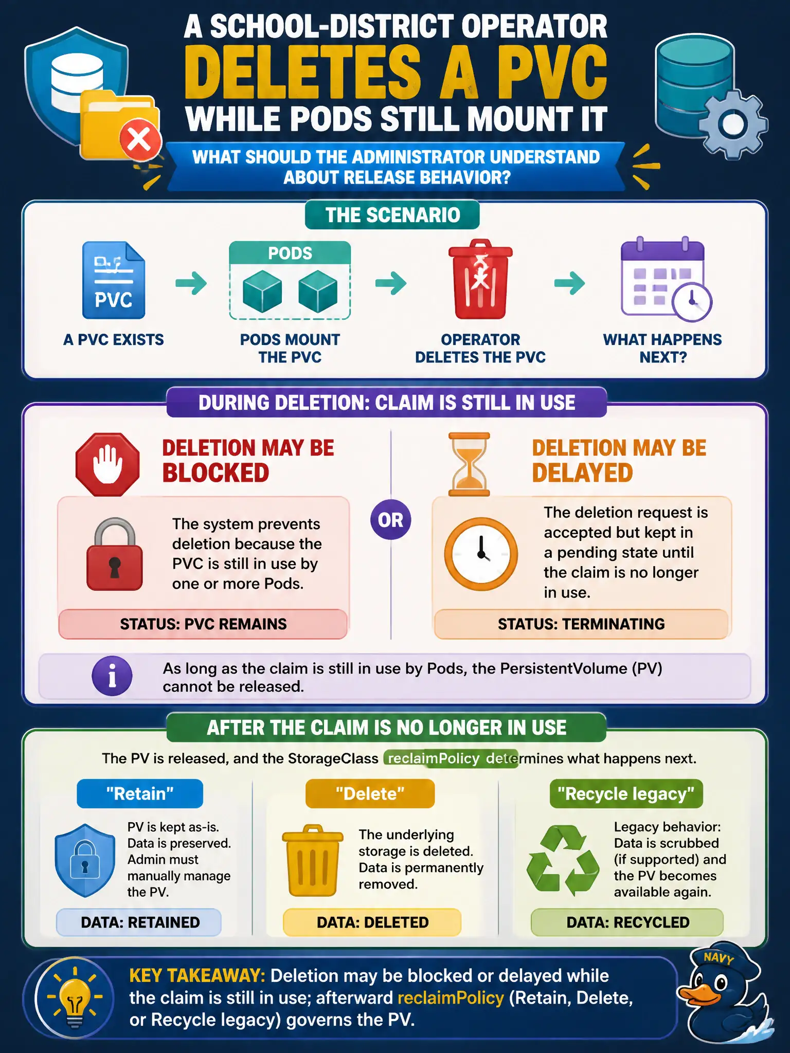 To Create an exciting colorful infographic that explains the concepts in the question: Question: A school-district operator deletes a PVC while pods still mount it. What should the administrator understand about release behavior? Correct Answer: Deletion may be blocked or delayed while the claim is still in use; afterward reclaimPolicy (Retain, Delete, or Recycle legacy) governs the PV. Put EVERY visible label in double quotes. No people. No A/B/C/D letters. In one of the four corners put a little "Navy Duck".