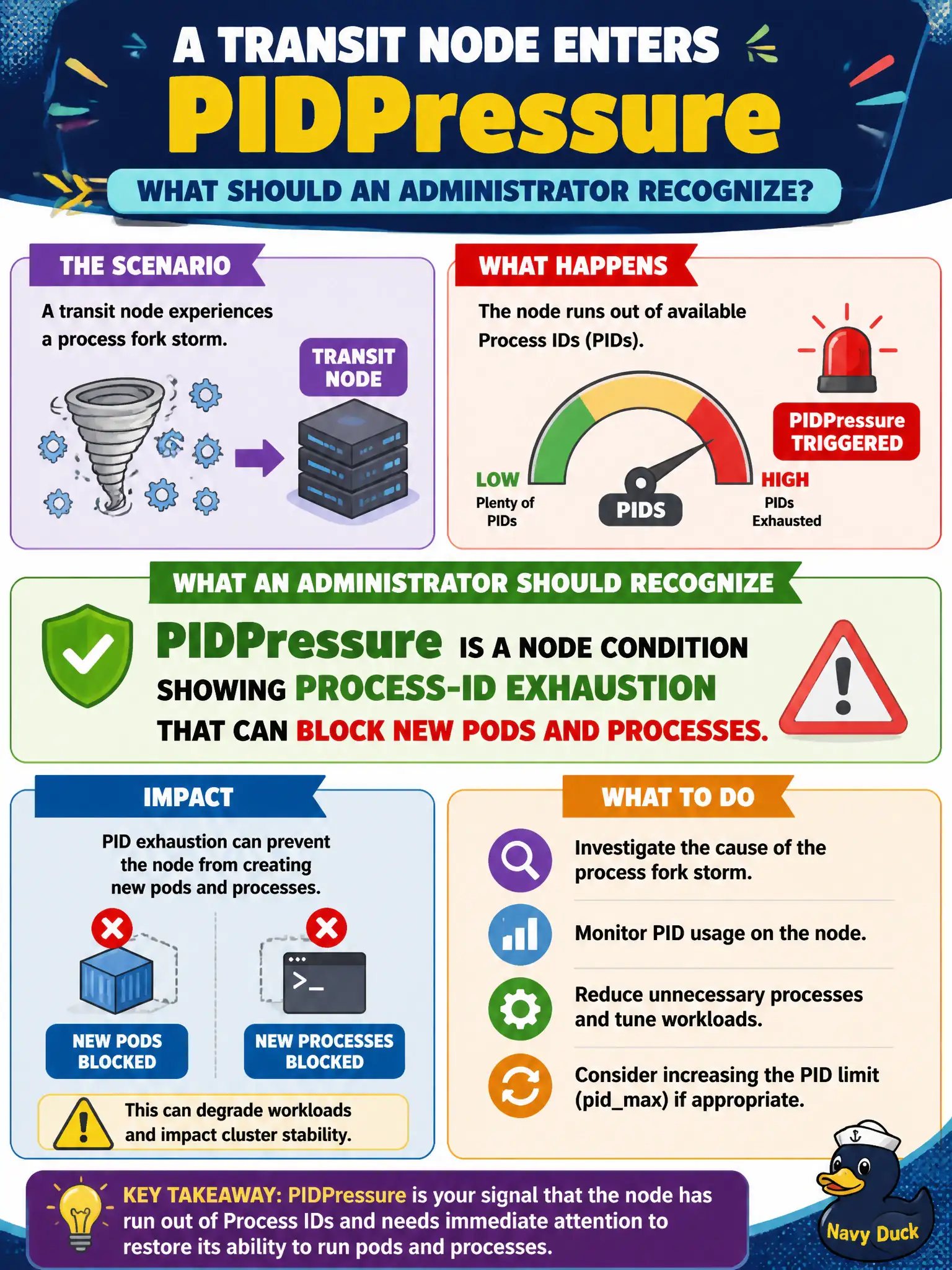 To Create an exciting colorful infographic that explains the concepts in the question: Question: A transit node enters PIDPressure after a process fork storm. What should an administrator recognize? Correct Answer: PIDPressure is a node condition showing process-ID exhaustion that can block new pods and processes. Put EVERY visible label in double quotes. No people. No A/B/C/D letters. In one of the four corners put a little "Navy Duck".