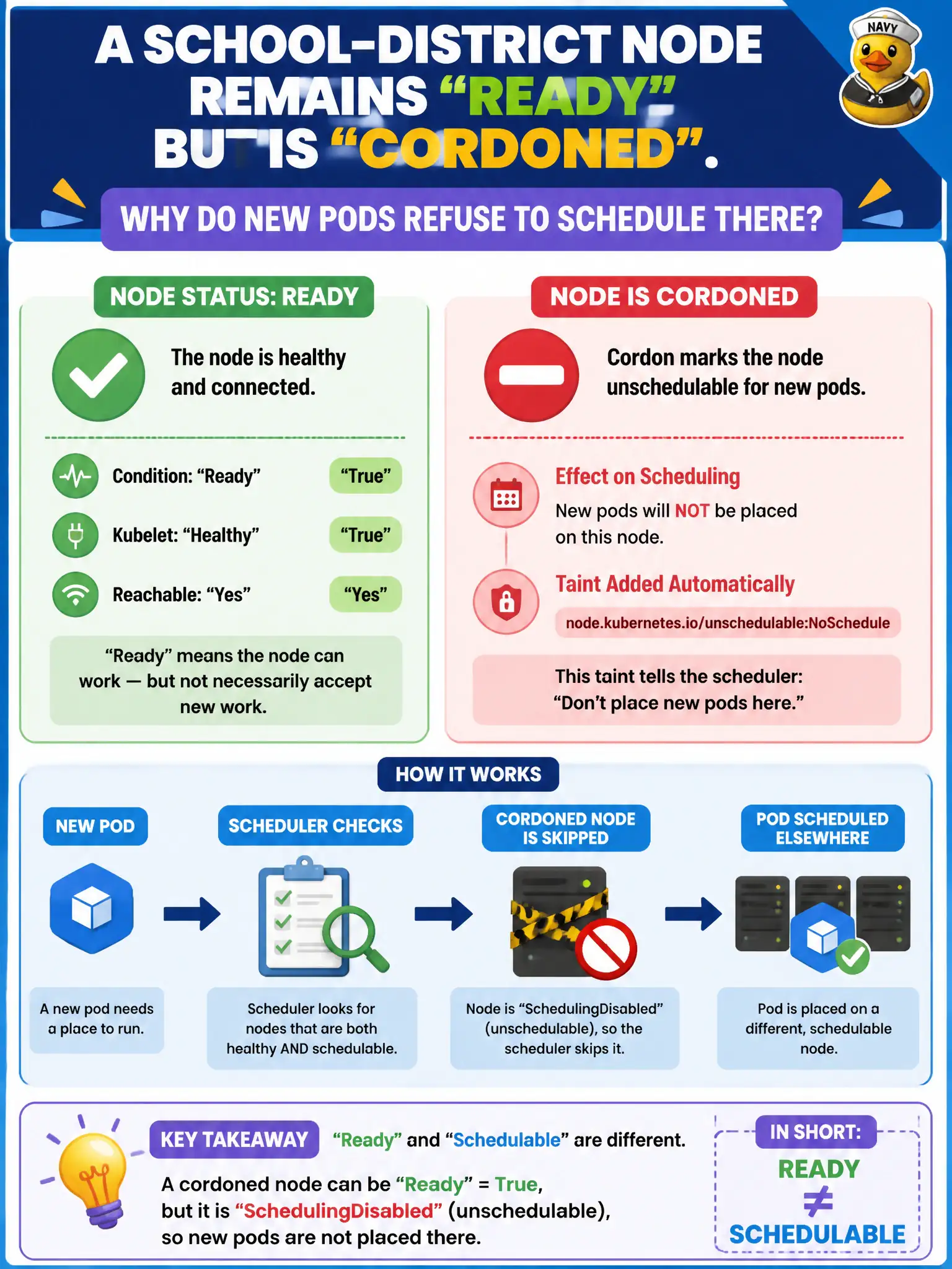 To Create an exciting colorful infographic that explains the concepts in the question: Question: A school-district node remains Ready but is cordoned. Why do new pods refuse to schedule there? Correct Answer: Cordon marks the node unschedulable (SchedulingDisabled) while Ready can still be true, so new pods are not placed there. Put EVERY visible label in double quotes. No people. No A/B/C/D letters. In one of the four corners put a little "Navy Duck".