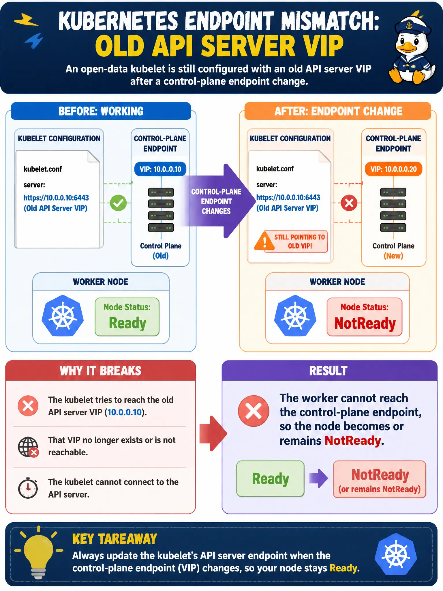 To Create an exciting colorful infographic that explains the concepts in the question: Question: An open-data kubelet is still configured with an old API server VIP after a control-plane endpoint change. What is the likely result? Correct Answer: The worker cannot reach the control-plane endpoint, so the node becomes or remains NotReady. Put EVERY visible label in double quotes. No people. No A/B/C/D letters. In one of the four corners put a little "Navy Duck".