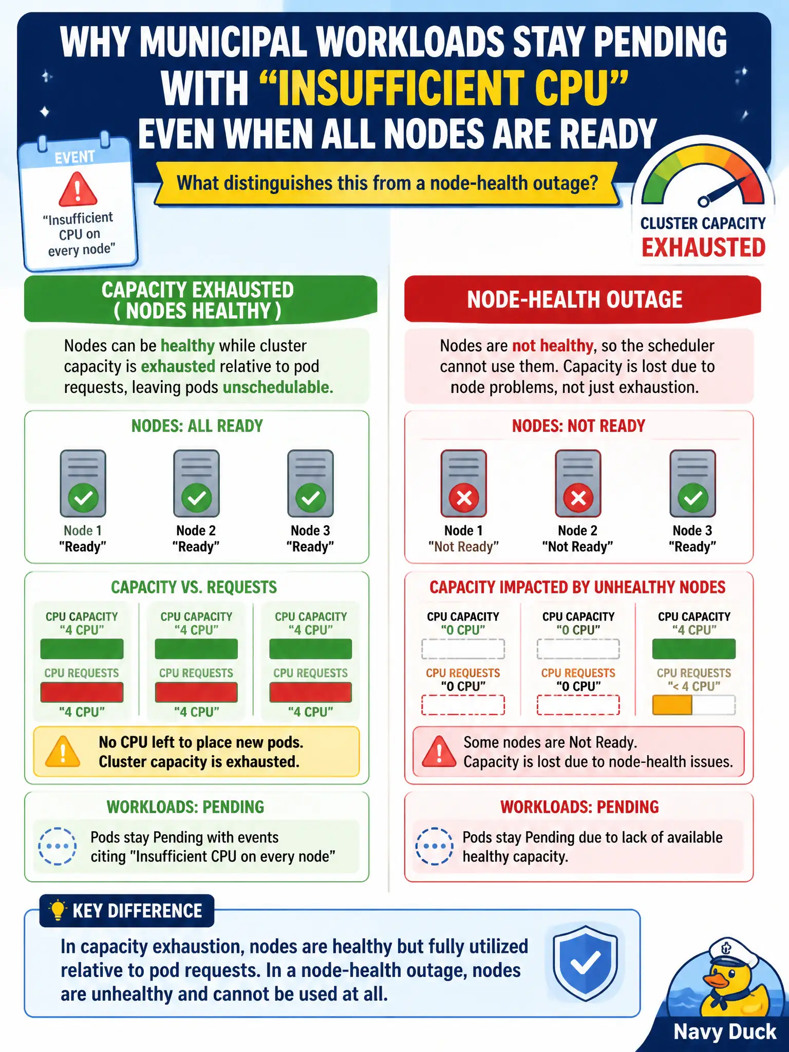To Create an exciting colorful infographic that explains the concepts in the question: Question: Municipal workloads stay Pending with events citing insufficient CPU on every node, yet all nodes are Ready. What distinguishes this from a node-health outage? Correct Answer: Nodes can be healthy while cluster capacity is exhausted relative to pod requests, leaving pods unschedulable. Put EVERY visible label in double quotes. No people. No A/B/C/D letters. In one of the four corners put a little "Navy Duck".