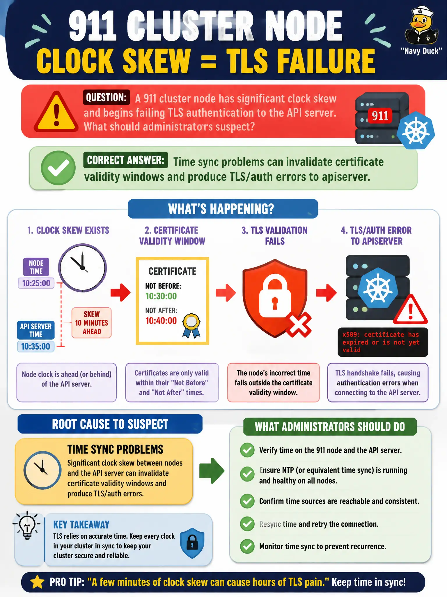 To Create an exciting colorful infographic that explains the concepts in the question: Question: A 911 cluster node has significant clock skew and begins failing TLS authentication to the API server. What should administrators suspect? Correct Answer: Time sync problems can invalidate certificate validity windows and produce TLS/auth errors to apiserver. Put EVERY visible label in double quotes. No people. No A/B/C/D letters. In one of the four corners put a little "Navy Duck".
