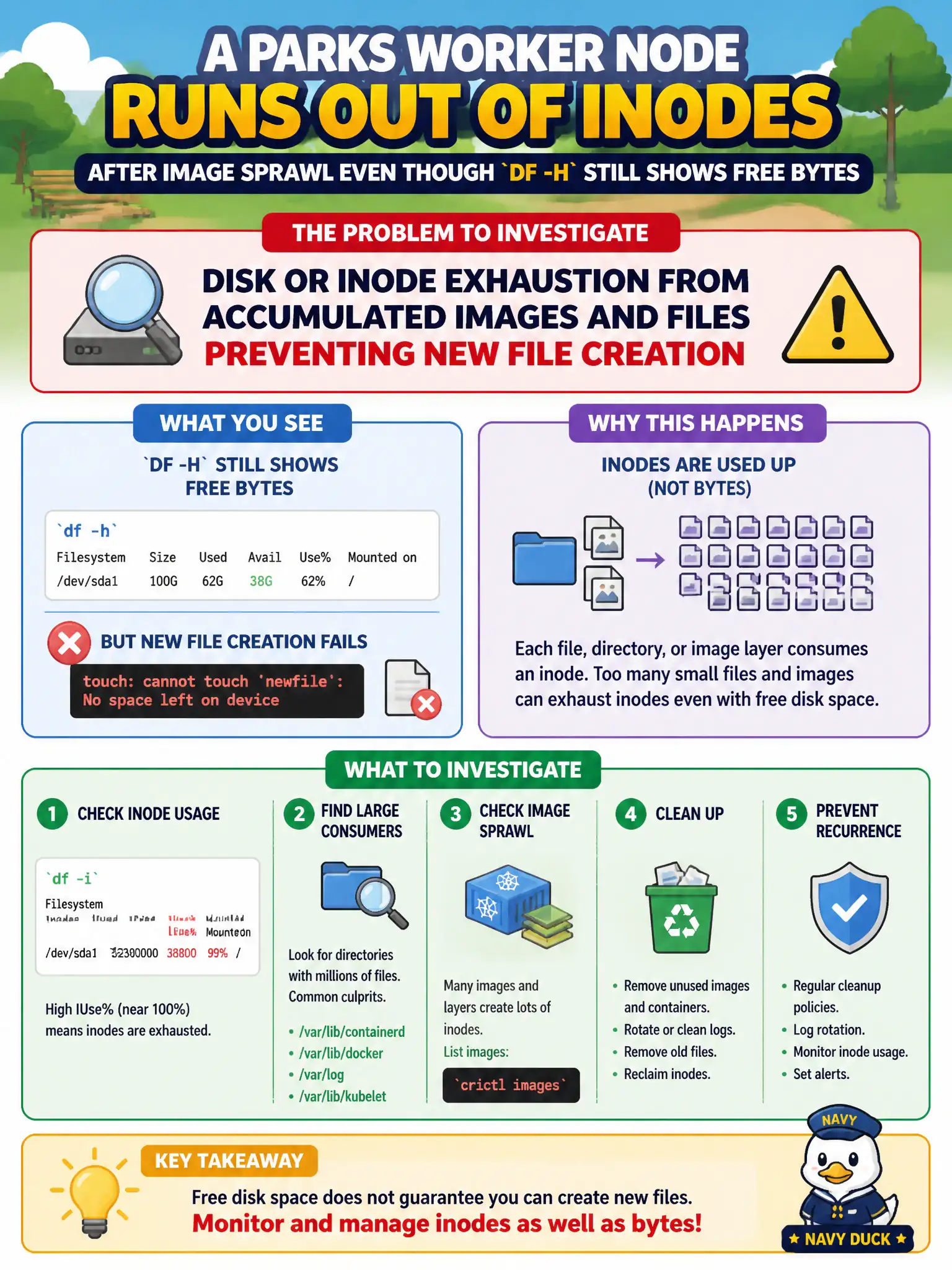 To Create an exciting colorful infographic that explains the concepts in the question: Question: A parks worker node runs out of inodes after image sprawl even though df -h still shows free bytes. What problem should be investigated? Correct Answer: Disk or inode exhaustion from accumulated images and files preventing new file creation. Put EVERY visible label in double quotes. No people. No A/B/C/D letters. In one of the four corners put a little "Navy Duck".