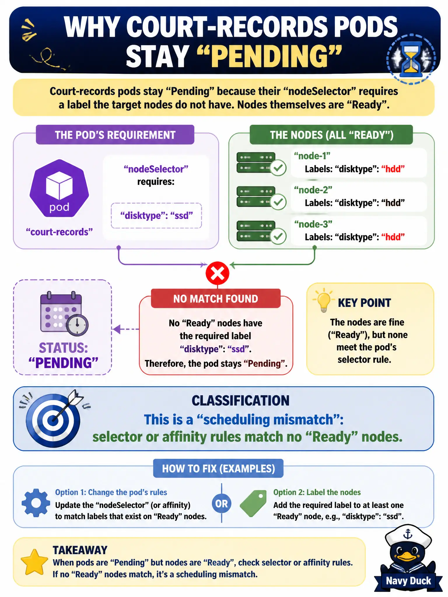 To Create an exciting colorful infographic that explains the concepts in the question: Question: Court-records pods stay Pending because their nodeSelector requires a label the target nodes do not have. Nodes themselves are Ready. How should this be classified? Correct Answer: As a scheduling mismatch: selector or affinity rules match no Ready nodes. Put EVERY visible label in double quotes. No people. No A/B/C/D letters. In one of the four corners put a little "Navy Duck".