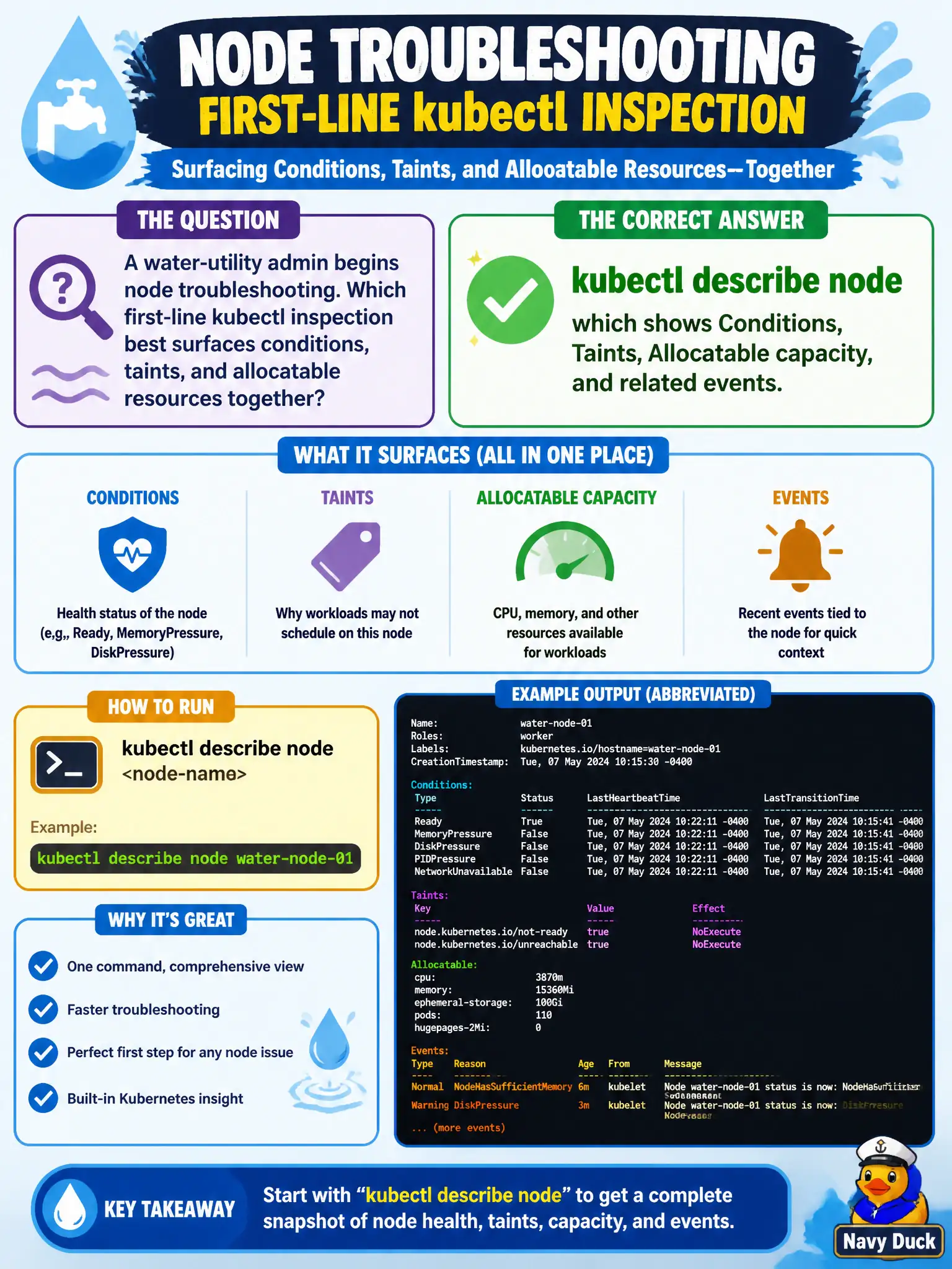 To Create an exciting colorful infographic that explains the concepts in the question: Question: A water-utility admin begins node troubleshooting. Which first-line kubectl inspection best surfaces conditions, taints, and allocatable resources together? Correct Answer: kubectl describe node, which shows Conditions, Taints, Allocatable capacity, and related events. Put EVERY visible label in double quotes. No people. No A/B/C/D letters. In one of the four corners put a little "Navy Duck".