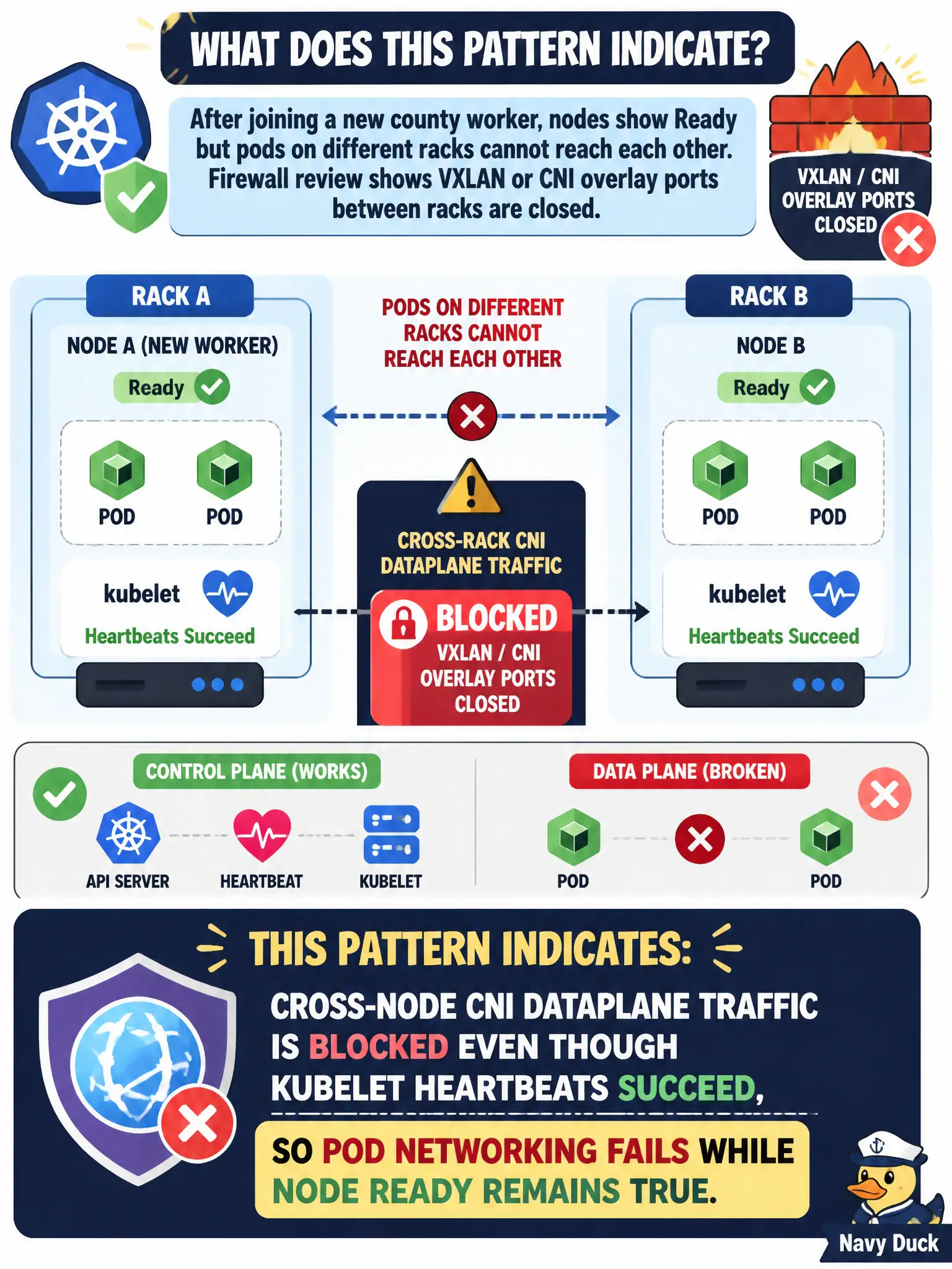 To Create an exciting colorful infographic that explains the concepts in the question: Question: After joining a new county worker, nodes show Ready but pods on different racks cannot reach each other. Firewall review shows VXLAN or CNI overlay ports between racks are closed. What does this pattern indicate? Correct Answer: Cross-node CNI dataplane traffic is blocked even though kubelet heartbeats succeed, so pod networking fails while node Ready remains true. Put EVERY visible label in double quotes. No people. No A/B/C/D letters. In one of the four corners put a little "Navy Duck".