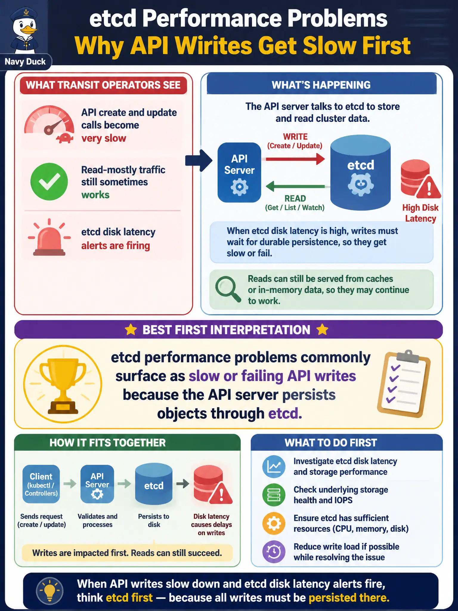 To Create an exciting colorful infographic that explains the concepts in the question: Question: Transit operators see API create and update calls become very slow while read-mostly traffic still sometimes works. etcd disk latency alerts are firing. What is the best first interpretation? Correct Answer: etcd performance problems commonly surface as slow or failing API writes because the API server persists objects through etcd. Put EVERY visible label in double quotes. No people. No A/B/C/D letters. In one of the four corners put a little "Navy Duck".
