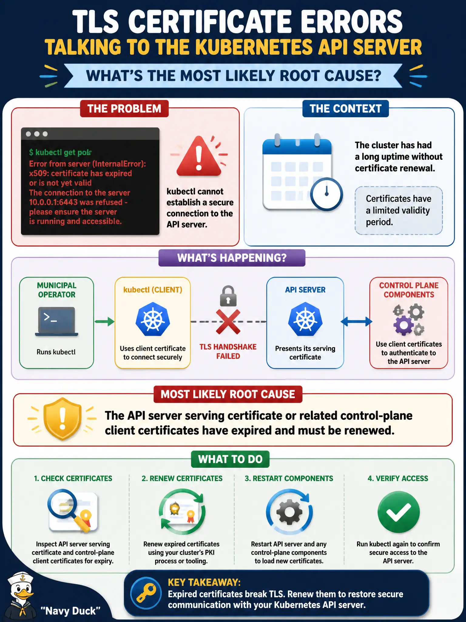 To Create an exciting colorful infographic that explains the concepts in the question: Question: Municipal operators run kubectl against the cluster and receive TLS certificate errors talking to the API server after a long uptime without cert renewal. What is the most likely root cause? Correct Answer: The API server serving certificate or related control-plane client certificates have expired and must be renewed. Put EVERY visible label in double quotes. No people. No A/B/C/D letters. In one of the four corners put a little "Navy Duck".
