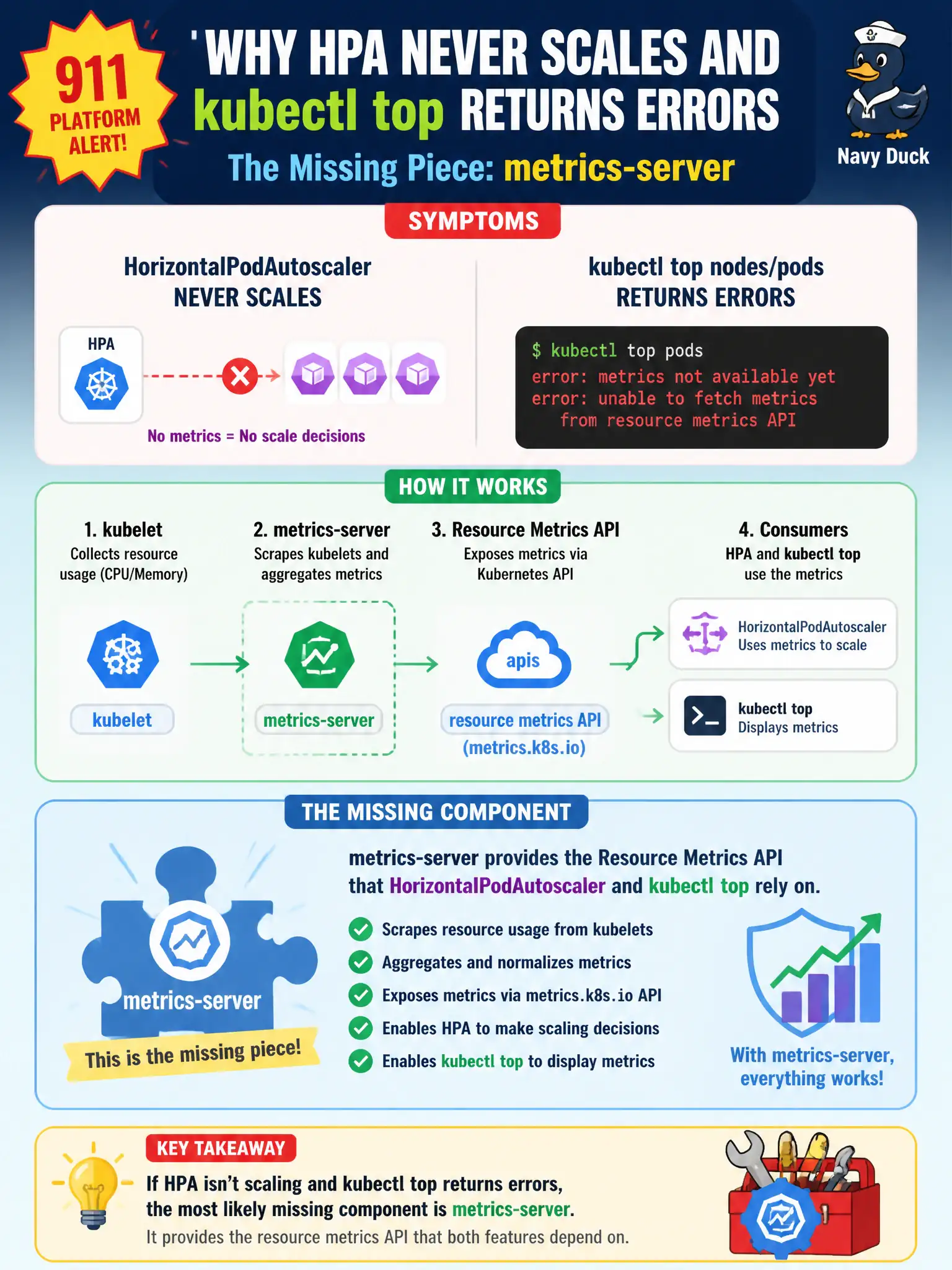To Create an exciting colorful infographic that explains the concepts in the question: Question: 911 platform engineers report that HorizontalPodAutoscalers never scale and kubectl top nodes/pods returns errors. Which missing component most directly explains both symptoms? Correct Answer: metrics-server, which provides the resource metrics API that HPA and kubectl top rely on. Put EVERY visible label in double quotes. No people. No A/B/C/D letters. In one of the four corners put a little "Navy Duck".