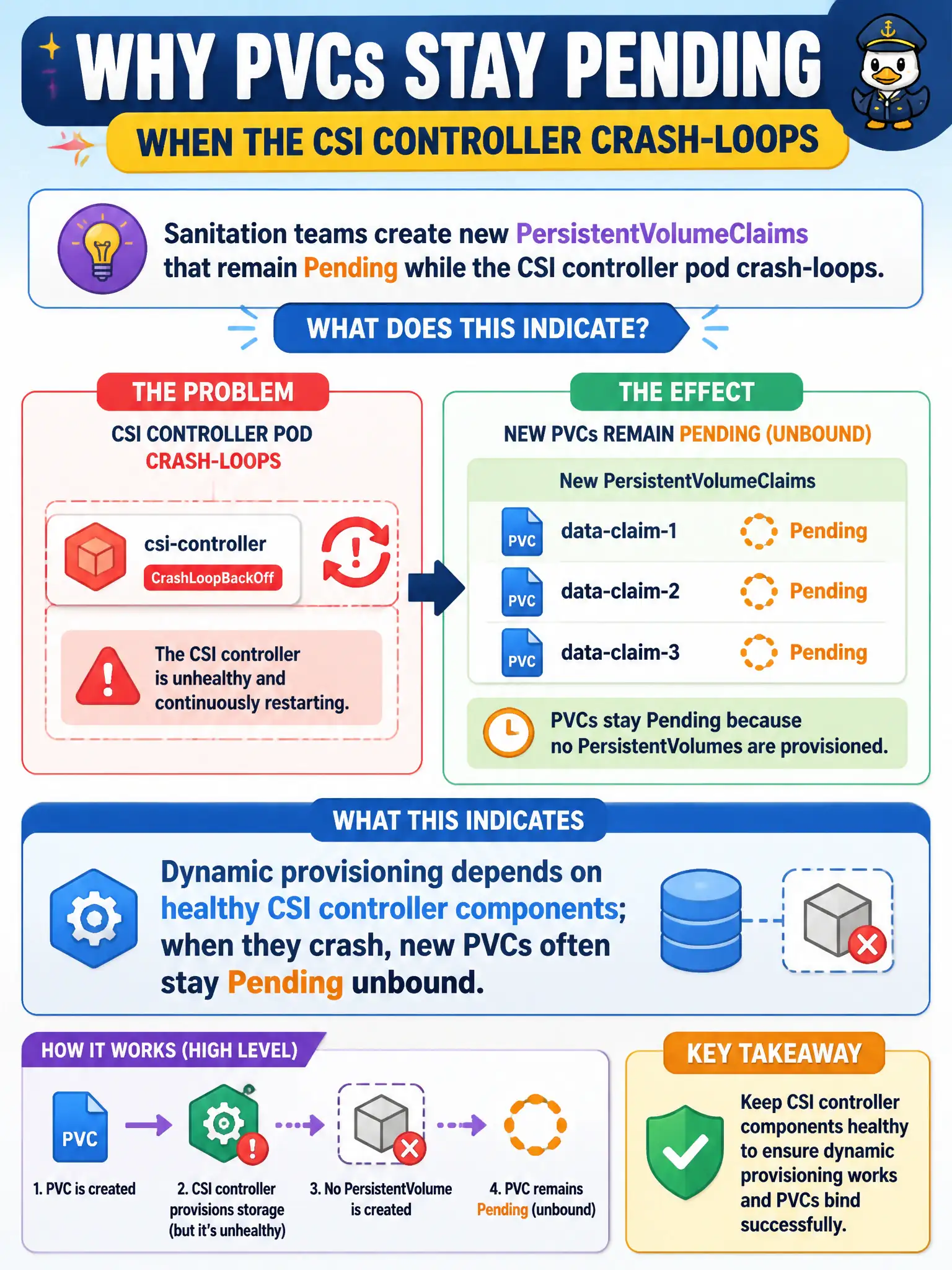 To Create an exciting colorful infographic that explains the concepts in the question: Question: Sanitation teams create new PersistentVolumeClaims that remain Pending while the CSI controller pod crash-loops. What does this indicate? Correct Answer: Dynamic provisioning depends on healthy CSI controller components; when they crash, new PVCs often stay Pending unbound. Put EVERY visible label in double quotes. No people. No A/B/C/D letters. In one of the four corners put a little "Navy Duck".