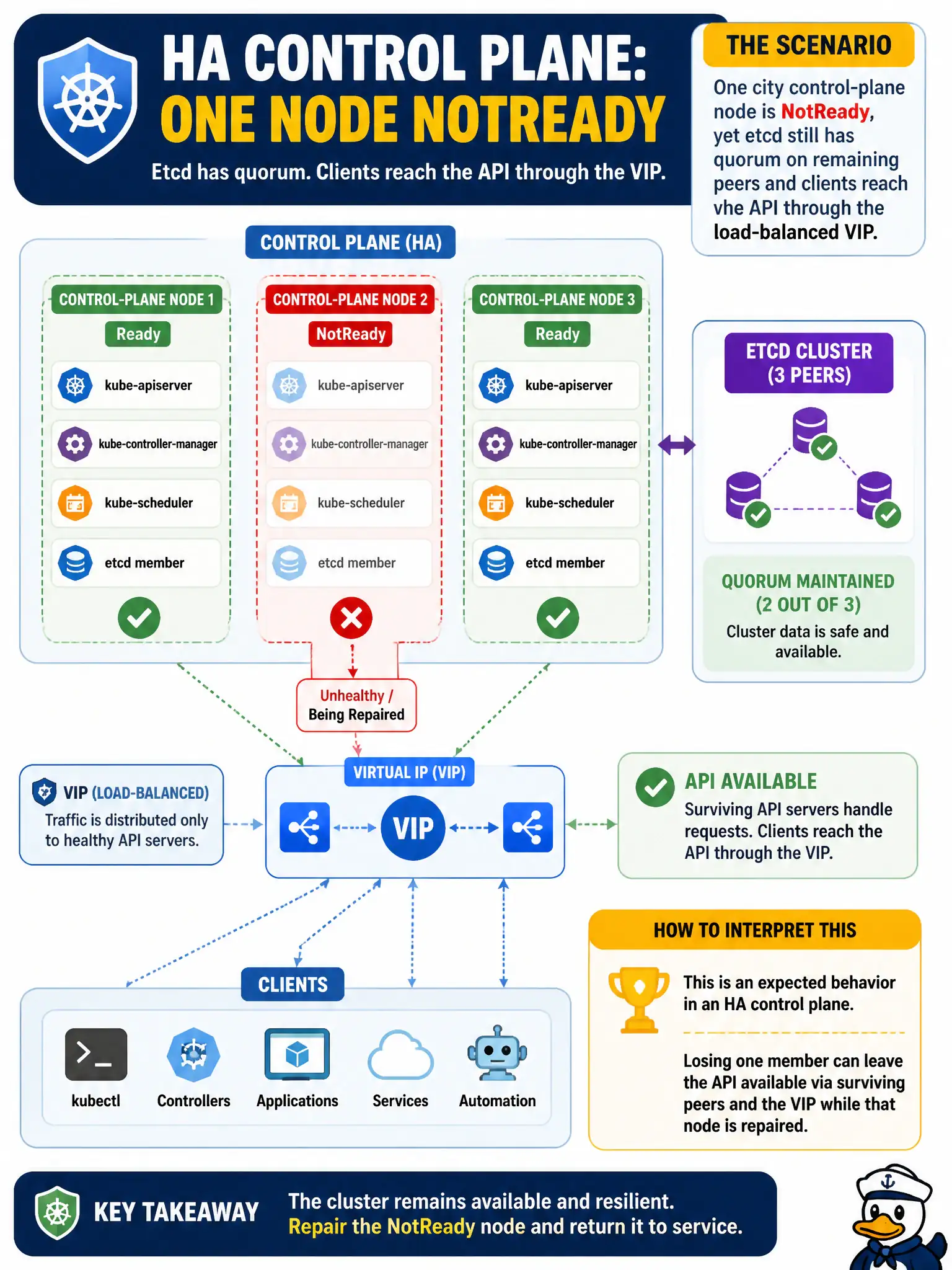 To Create an exciting colorful infographic that explains the concepts in the question: Question: One city control-plane node is NotReady, yet etcd still has quorum on remaining peers and clients reach the API through the load-balanced VIP. How should this partial failure be interpreted? Correct Answer: In an HA control plane, losing one member can leave the API available via surviving peers and the VIP while that node is repaired. Put EVERY visible label in double quotes. No people. No A/B/C/D letters. In one of the four corners put a little "Navy Duck".