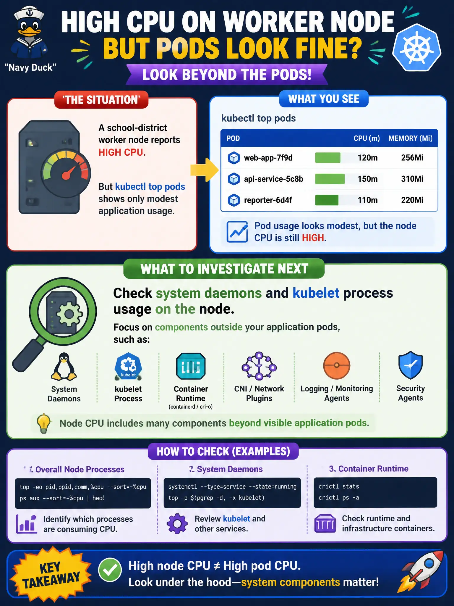 To Create an exciting colorful infographic that explains the concepts in the question: Question: A school-district worker node reports high CPU while kubectl top pods shows only modest application usage. What should the administrator investigate next? Correct Answer: Check system daemons and kubelet process usage on the node, because node CPU includes components beyond visible application pods. Put EVERY visible label in double quotes. No people. No A/B/C/D letters. In one of the four corners put a little "Navy Duck".