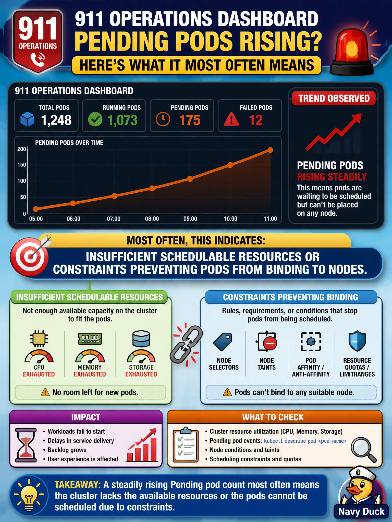 To Create an exciting colorful infographic that explains the concepts in the question: Question: A 911 operations dashboard shows the count of Pending pods rising steadily. What does that trend most often indicate? Correct Answer: Insufficient schedulable resources or constraints preventing pods from binding to nodes. Put EVERY visible label in double quotes. No people. No A/B/C/D letters. In one of the four corners put a little "Navy Duck".