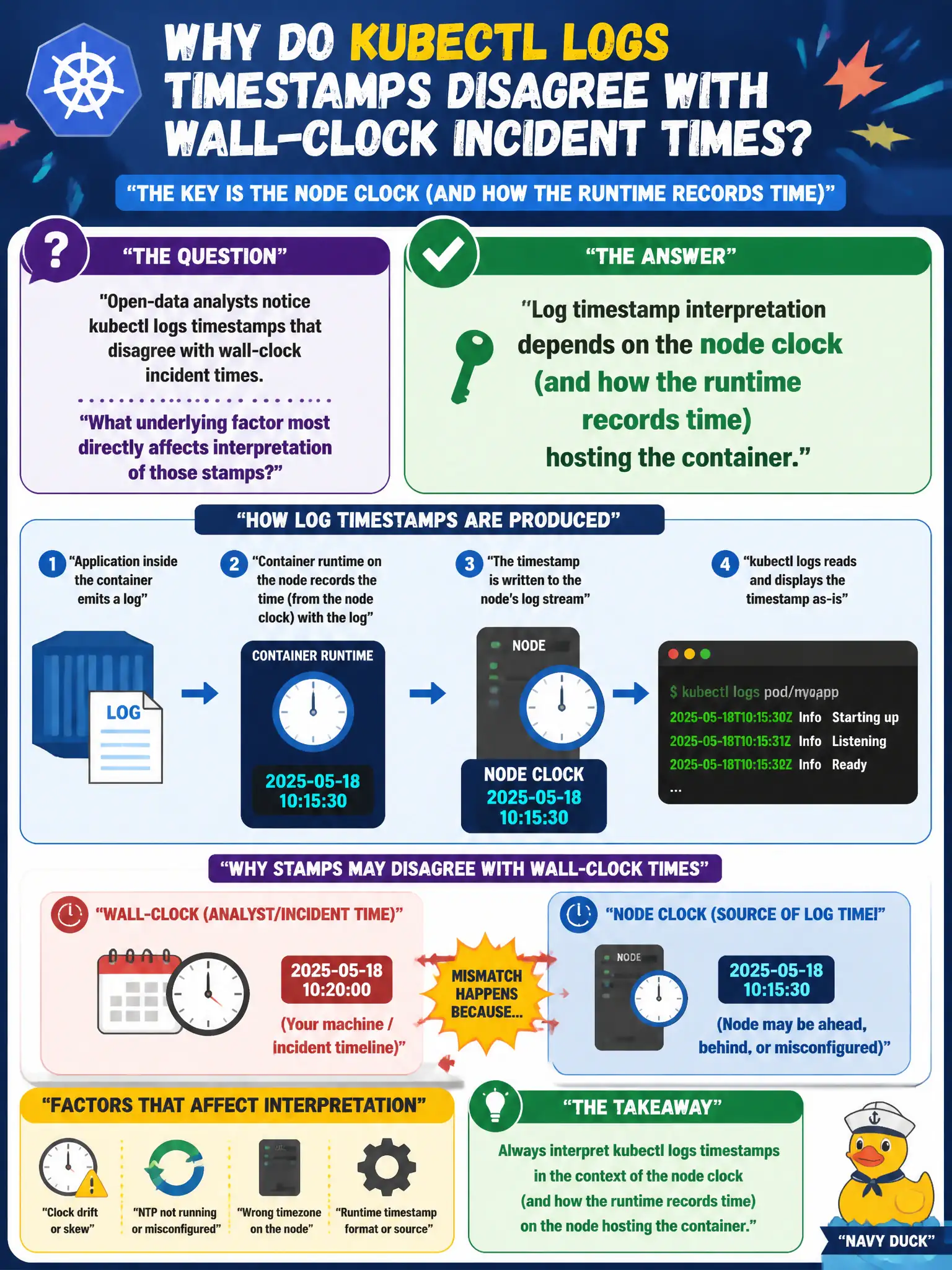 To Create an exciting colorful infographic that explains the concepts in the question: Question: Open-data analysts notice kubectl logs timestamps that disagree with wall-clock incident times. What underlying factor most directly affects interpretation of those stamps? Correct Answer: Log timestamp interpretation depends on the node clock (and how the runtime records time) hosting the container. Put EVERY visible label in double quotes. No people. No A/B/C/D letters. In one of the four corners put a little "Navy Duck".