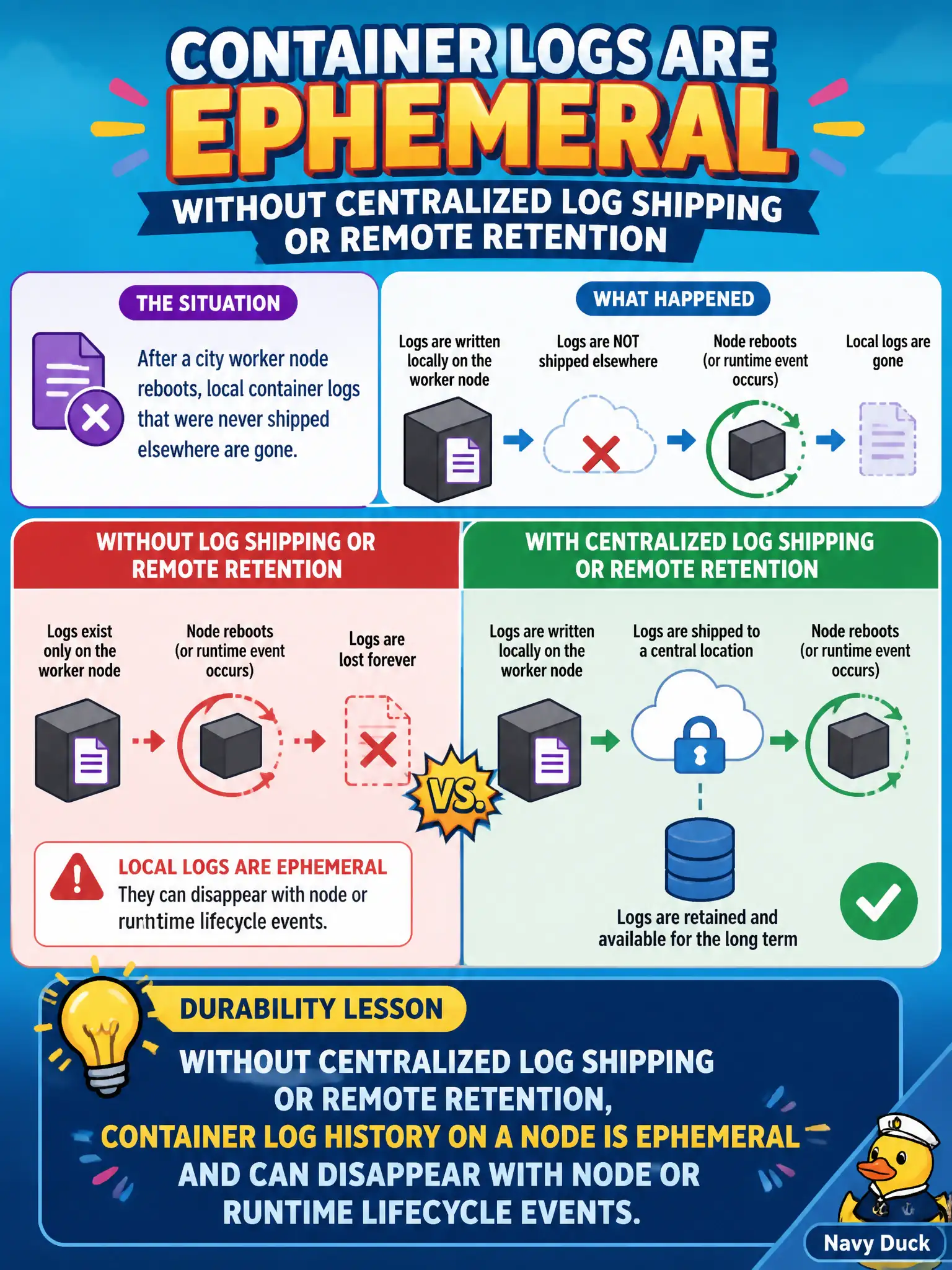 To Create an exciting colorful infographic that explains the concepts in the question: Question: After a city worker node reboots, local container logs that were never shipped elsewhere are gone. What durability lesson should administrators take? Correct Answer: Without centralized log shipping or remote retention, container log history on a node is ephemeral and can disappear with node or runtime lifecycle events. Put EVERY visible label in double quotes. No people. No A/B/C/D letters. In one of the four corners put a little "Navy Duck".