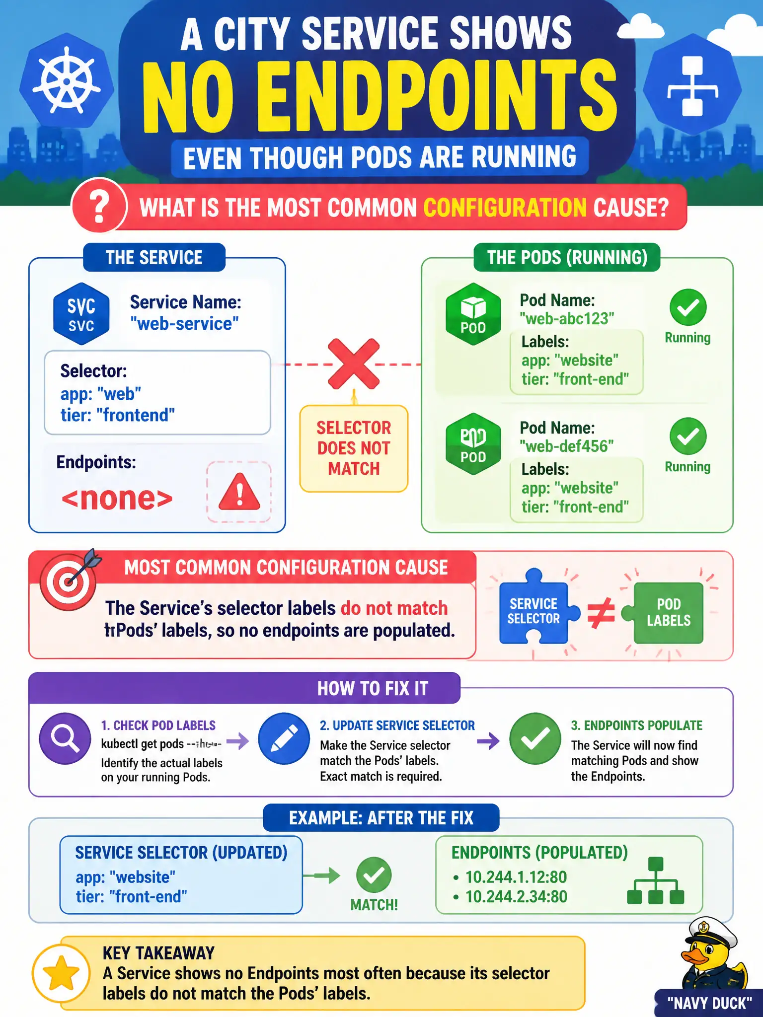 To Create an exciting colorful infographic that explains the concepts in the question: Question: A city Service shows no Endpoints even though Pods are Running. What is the most common configuration cause? Correct Answer: The Service’s selector labels do not match the Pods’ labels, so no endpoints are populated. Put EVERY visible label in double quotes. No people. No A/B/C/D letters. In one of the four corners put a little "Navy Duck".