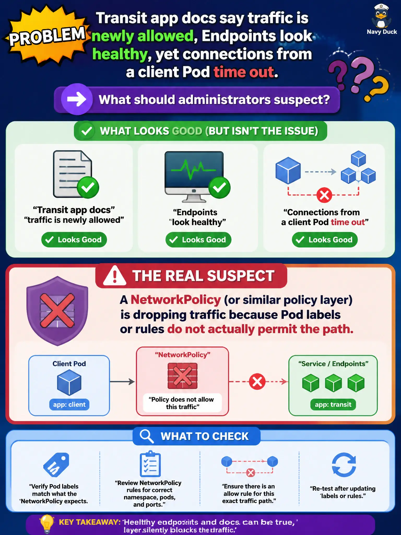 To Create an exciting colorful infographic that explains the concepts in the question: Question: Transit app docs say traffic is newly allowed, Endpoints look healthy, yet connections from a client Pod time out. What should administrators suspect? Correct Answer: A NetworkPolicy (or similar policy layer) is dropping traffic because Pod labels or rules do not actually permit the path. Put EVERY visible label in double quotes. No people. No A/B/C/D letters. In one of the four corners put a little "Navy Duck".