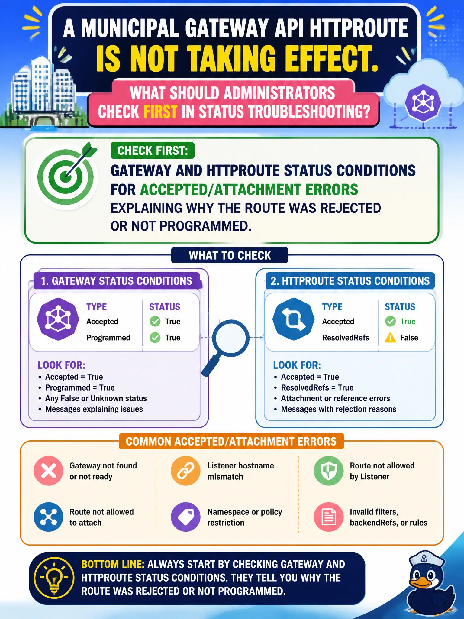 To Create an exciting colorful infographic that explains the concepts in the question: Question: A municipal Gateway API HTTPRoute is not taking effect. What should administrators check first in status troubleshooting? Correct Answer: Gateway and HTTPRoute status conditions for Accepted/attachment errors explaining why the route was rejected or not programmed. Put EVERY visible label in double quotes. No people. No A/B/C/D letters. In one of the four corners put a little "Navy Duck".