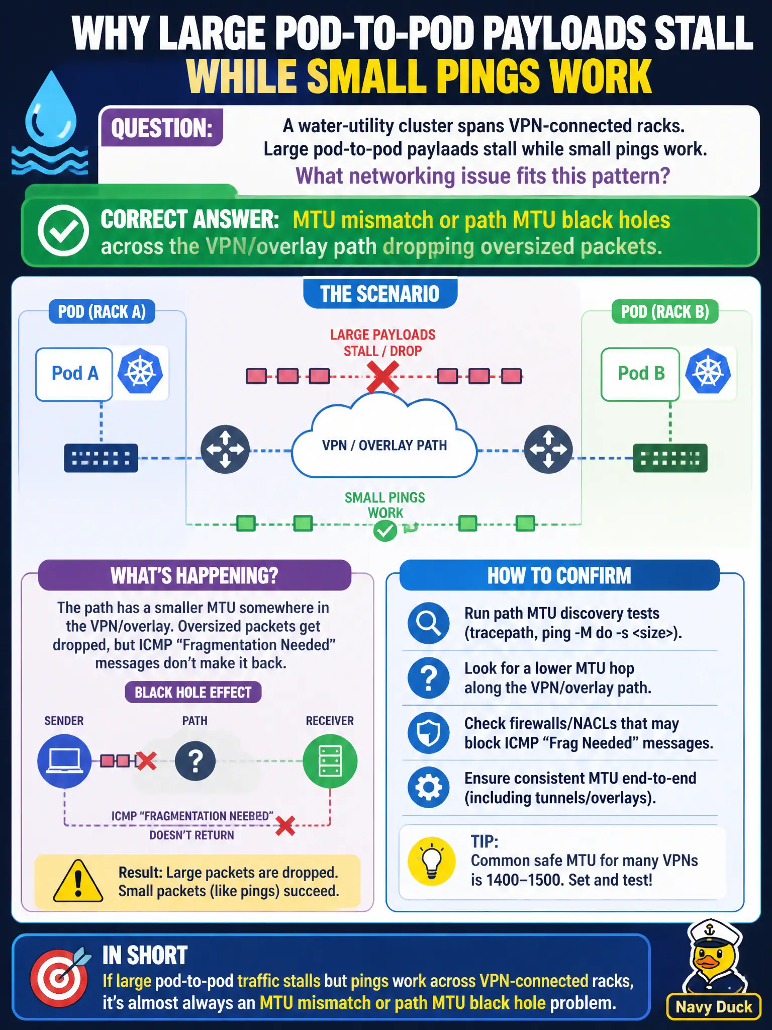 To Create an exciting colorful infographic that explains the concepts in the question: Question: A water-utility cluster spans VPN-connected racks. Large pod-to-pod payloads stall while small pings work. What networking issue fits this pattern? Correct Answer: MTU mismatch or path MTU black holes across the VPN/overlay path dropping oversized packets. Put EVERY visible label in double quotes. No people. No A/B/C/D letters. In one of the four corners put a little "Navy Duck".