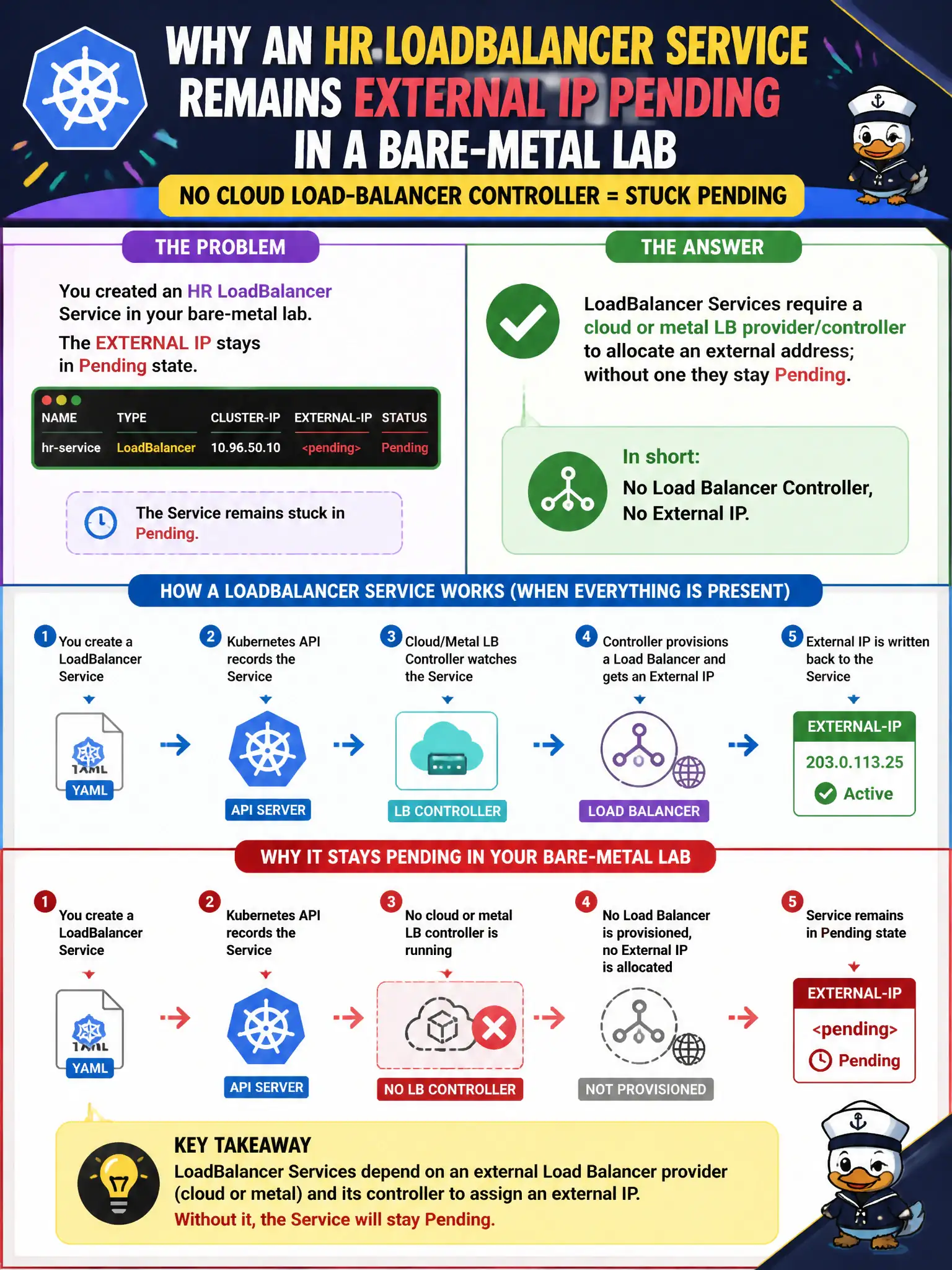 To Create an exciting colorful infographic that explains the concepts in the question: Question: An HR LoadBalancer Service remains External IP Pending in a bare-metal lab with no cloud load-balancer controller. What explains the stuck state? Correct Answer: LoadBalancer Services require a cloud or metal LB provider/controller to allocate an external address; without one they stay Pending. Put EVERY visible label in double quotes. No people. No A/B/C/D letters. In one of the four corners put a little "Navy Duck".