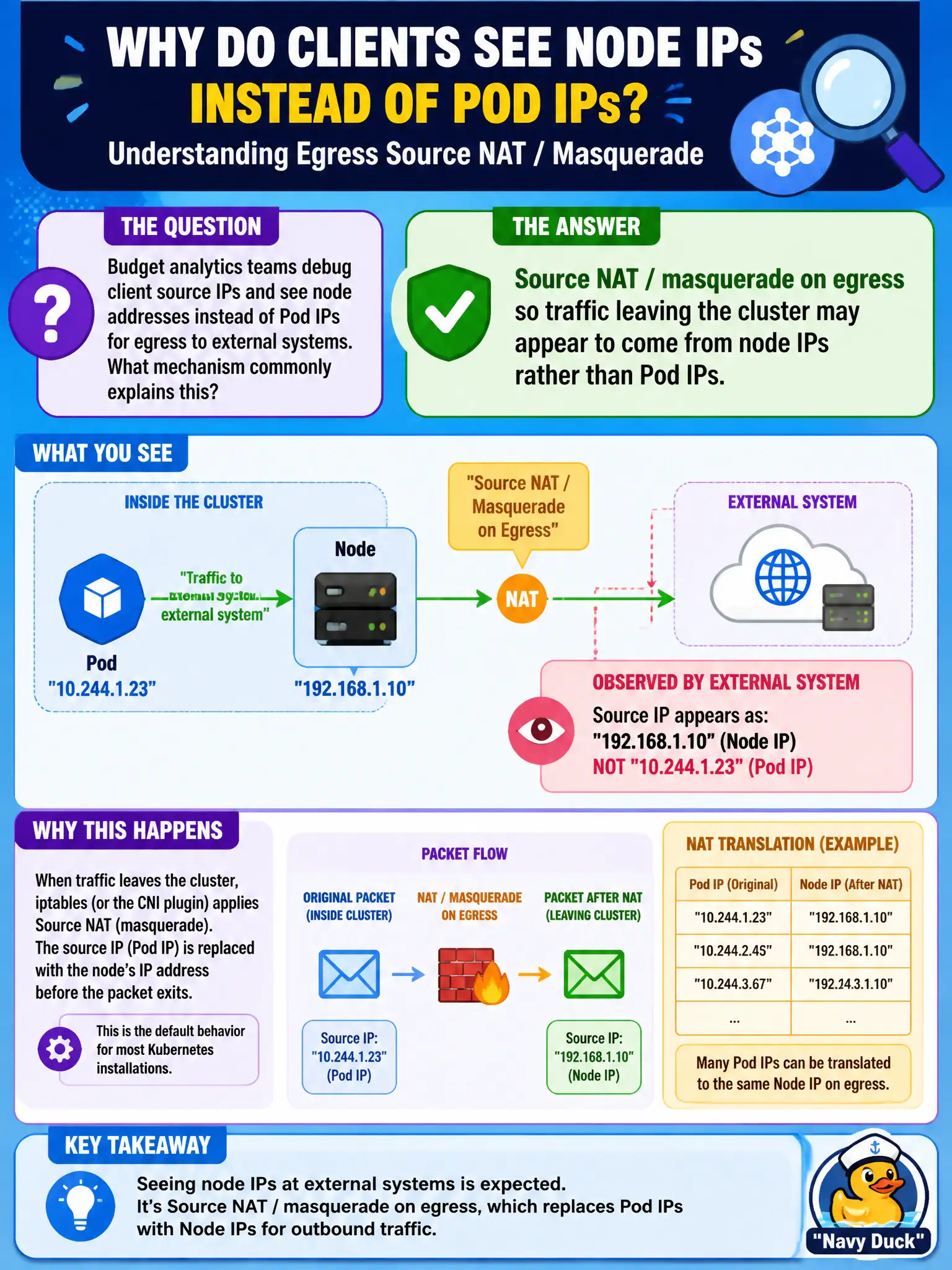 To Create an exciting colorful infographic that explains the concepts in the question: Question: Budget analytics teams debug client source IPs and see node addresses instead of Pod IPs for egress to external systems. What mechanism commonly explains this? Correct Answer: Source NAT / masquerade on egress so traffic leaving the cluster may appear to come from node IPs rather than Pod IPs. Put EVERY visible label in double quotes. No people. No A/B/C/D letters. In one of the four corners put a little "Navy Duck".