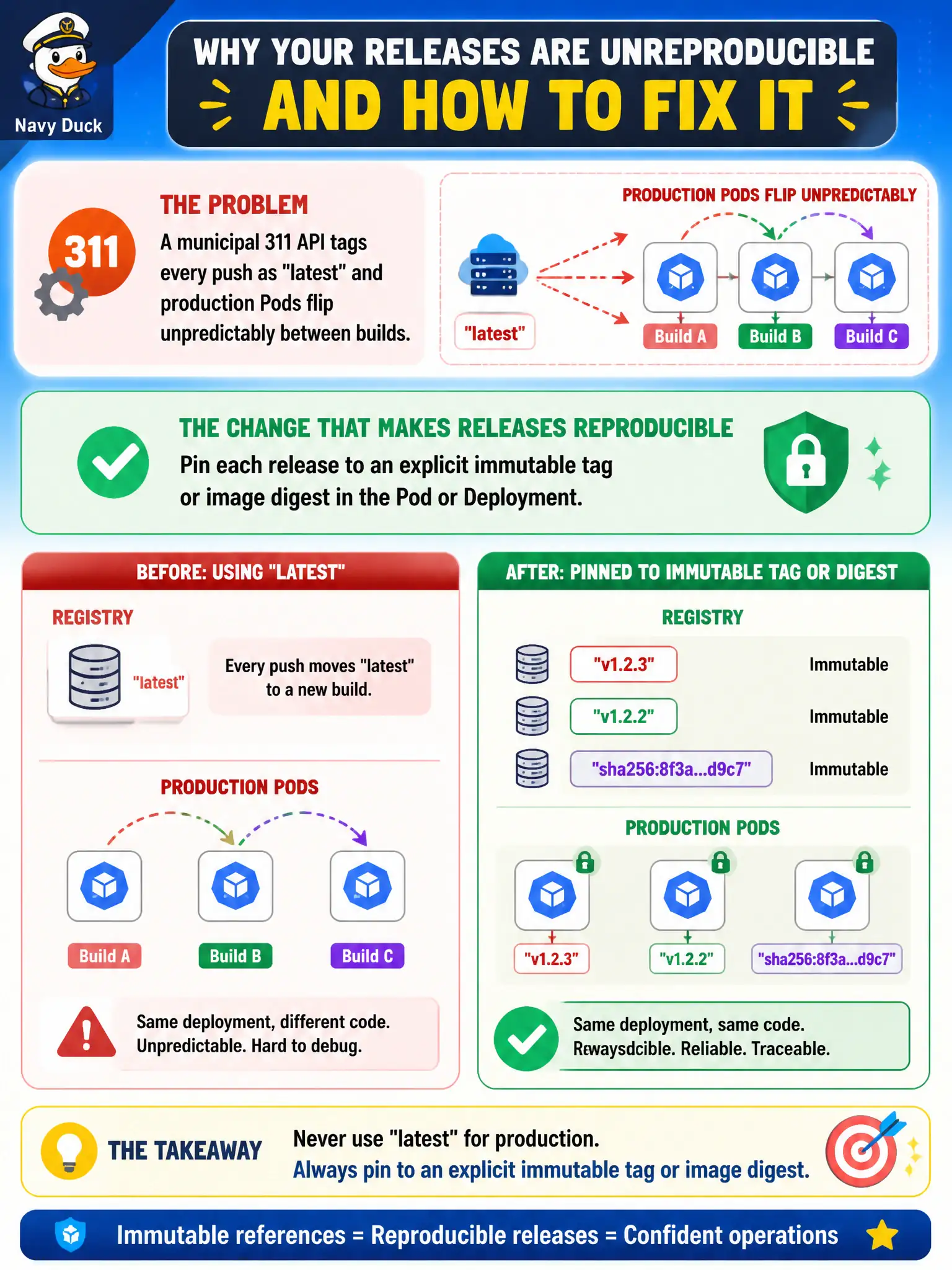 To Create an exciting colorful infographic that explains the concepts in the question: Question: A municipal 311 API tags every push as latest and production Pods flip unpredictably between builds. What change makes application releases reproducible? Correct Answer: Pin each release to an explicit immutable tag or image digest in the Pod or Deployment Put EVERY visible label in double quotes. No people. No A/B/C/D letters. In one of the four corners put a little "Navy Duck".