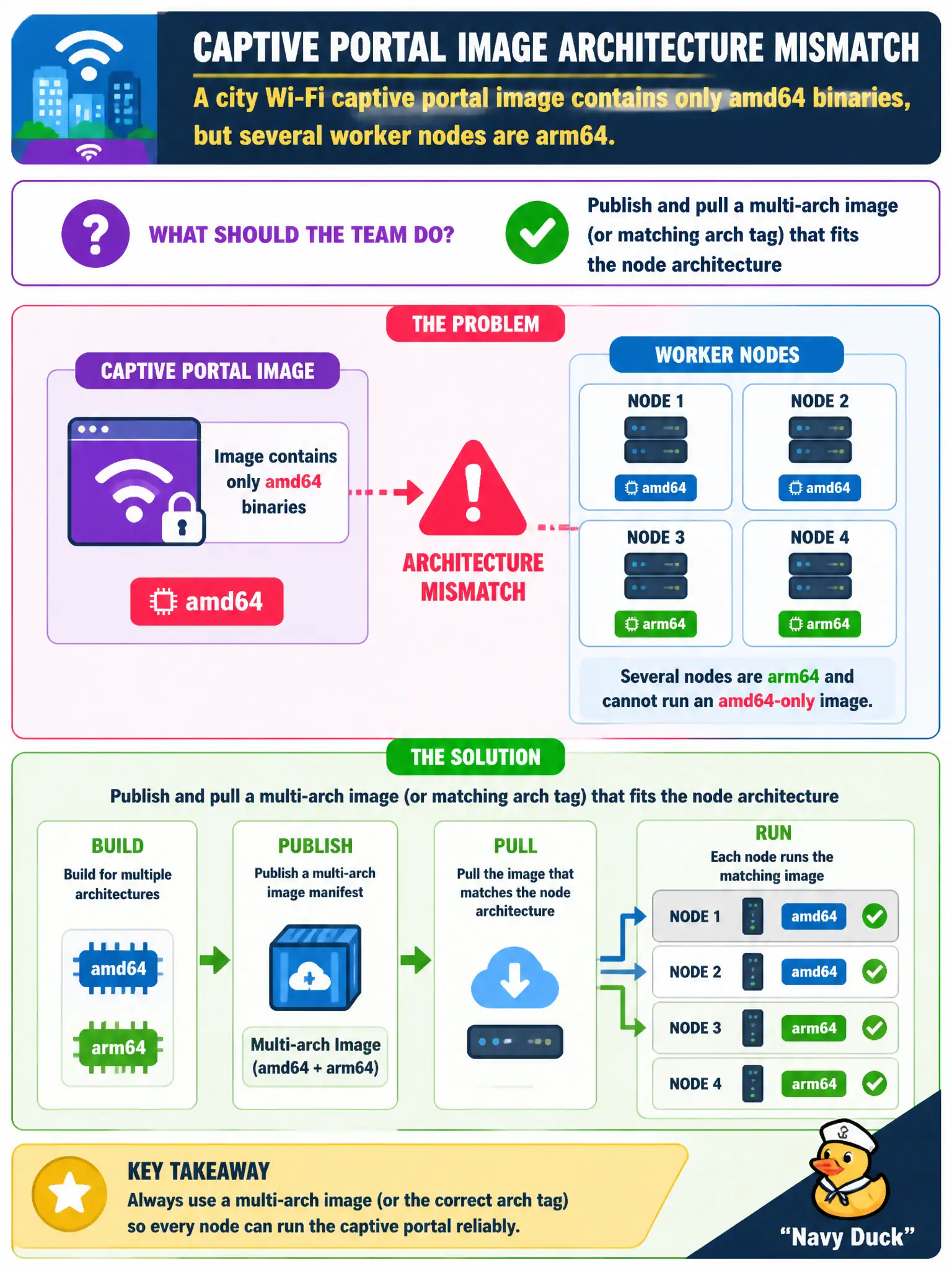 To Create an exciting colorful infographic that explains the concepts in the question: Question: A city Wi-Fi captive portal image contains only amd64 binaries, but several worker nodes are arm64. What should the team do? Correct Answer: Publish and pull a multi-arch image (or matching arch tag) that fits the node architecture Put EVERY visible label in double quotes. No people. No A/B/C/D letters. In one of the four corners put a little "Navy Duck".