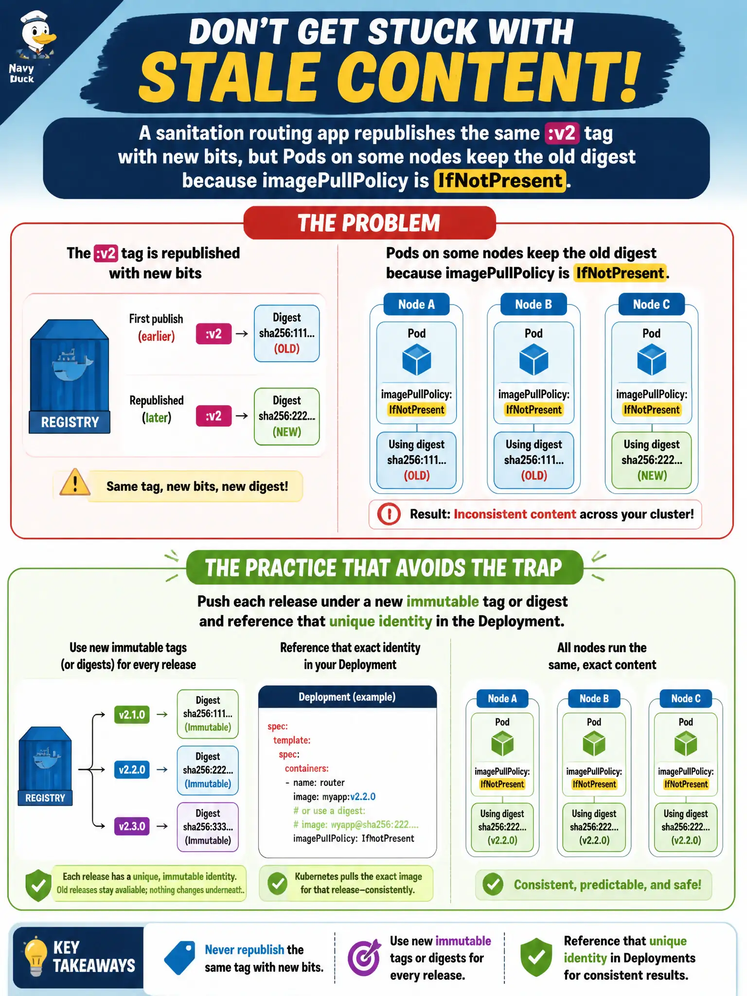 To Create an exciting colorful infographic that explains the concepts in the question: Question: A sanitation routing app republishes the same :v2 tag with new bits, but Pods on some nodes keep the old digest because imagePullPolicy is IfNotPresent. What practice avoids this stale-content trap? Correct Answer: Push each release under a new immutable tag or digest and reference that unique identity in the Deployment Put EVERY visible label in double quotes. No people. No A/B/C/D letters. In one of the four corners put a little "Navy Duck".