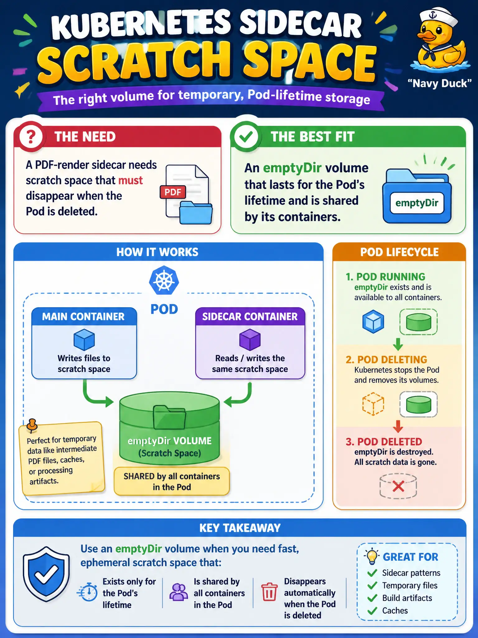 To Create an exciting colorful infographic that explains the concepts in the question: Question: A PDF-render sidecar needs scratch space that must disappear when the Pod is deleted. Which volume type fits best? Correct Answer: An emptyDir volume that lasts for the Pod’s lifetime and is shared by its containers Put EVERY visible label in double quotes. No people. No A/B/C/D letters. In one of the four corners put a little "Navy Duck".